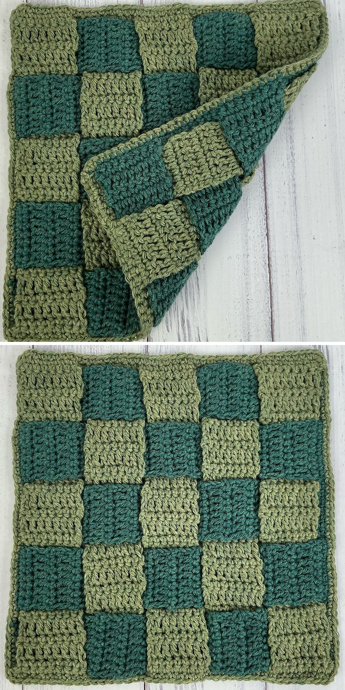 Two photos show a crocheted blanket with a checkerboard pattern in light and dark green squares, displayed on a white wooden surface. Perfect for those searching for free crochet patterns in green. The top photo shows one corner folded over.
