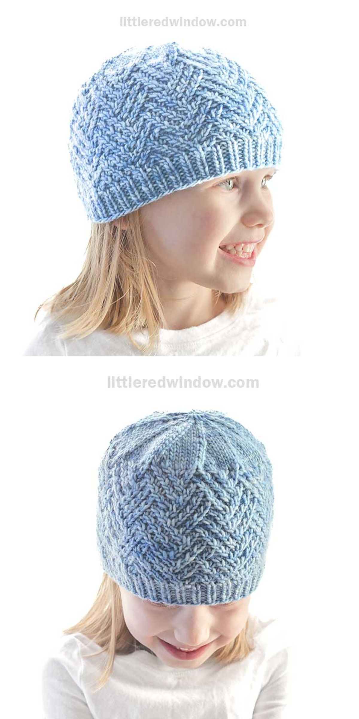 Child wearing a light blue knit baby hat with a textured pattern, shown from a side view in the top image and a front view in the bottom image.