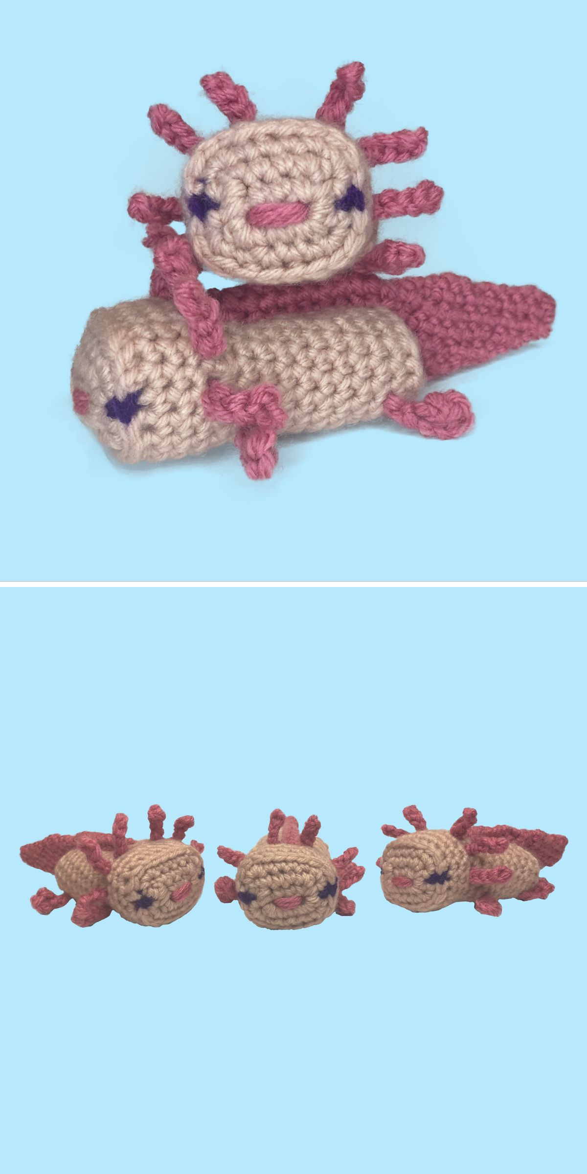 Two crochet axolotl plush toys with pink details are shown against a light blue background, displayed from various angles.