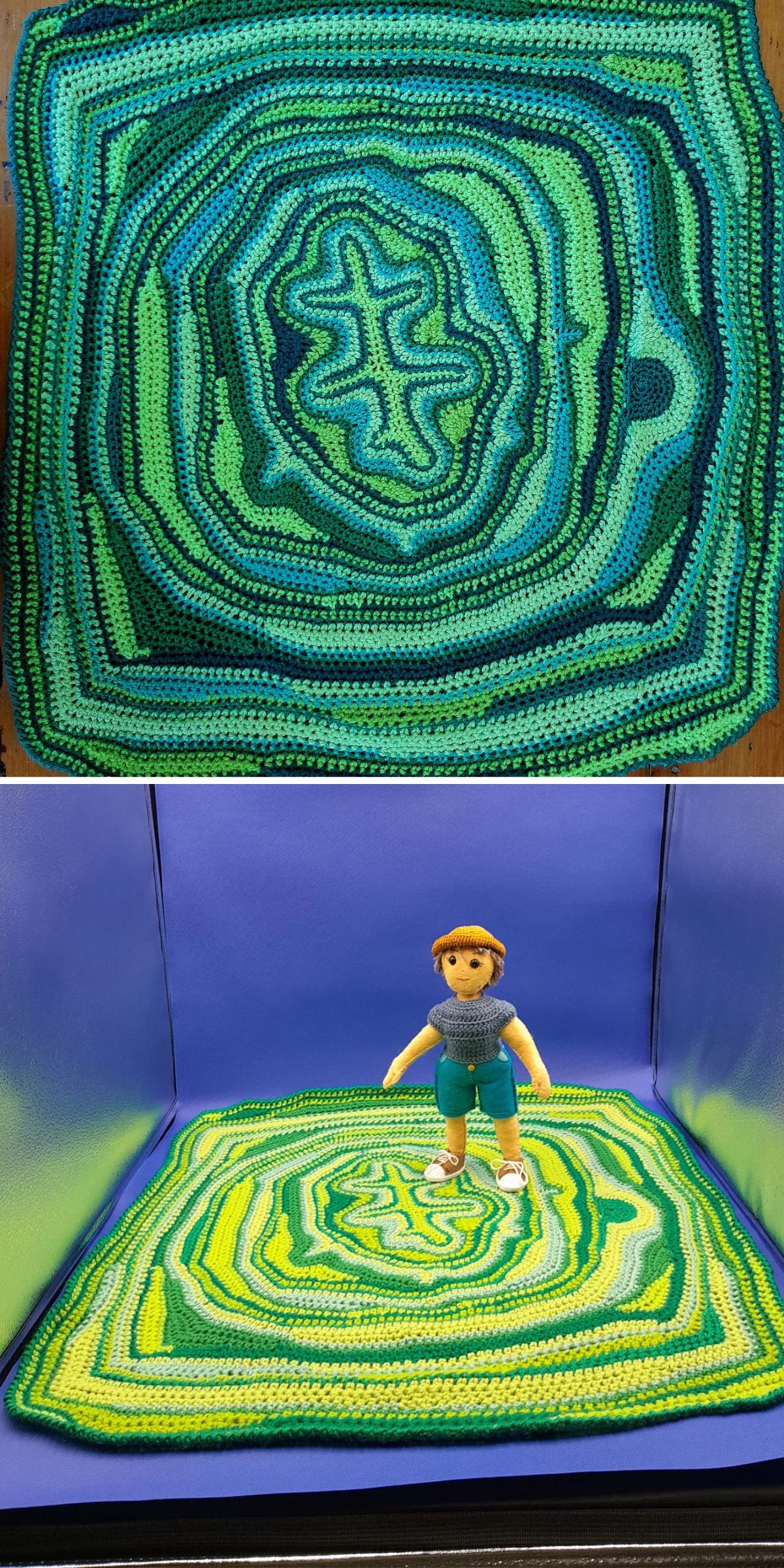 Top: A multicolored crocheted square with concentric patterns, featuring shades inspired by free crochet patterns in green. Bottom: A small doll stands on a similar crocheted square in a blue display box.
