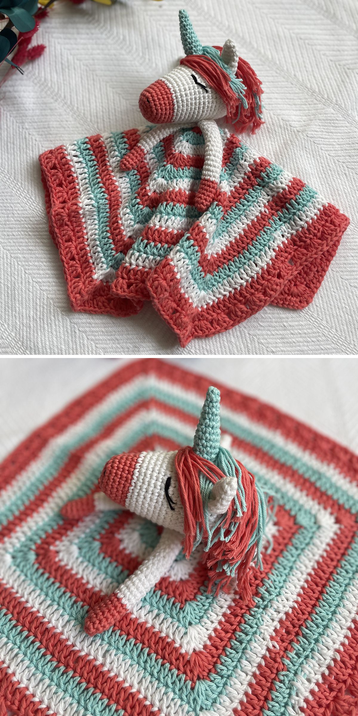 A crochet loveys unicorn security blanket with coral, mint, and white stripes, featuring a unicorn head with a horn, mane, and closed eyes in the center.