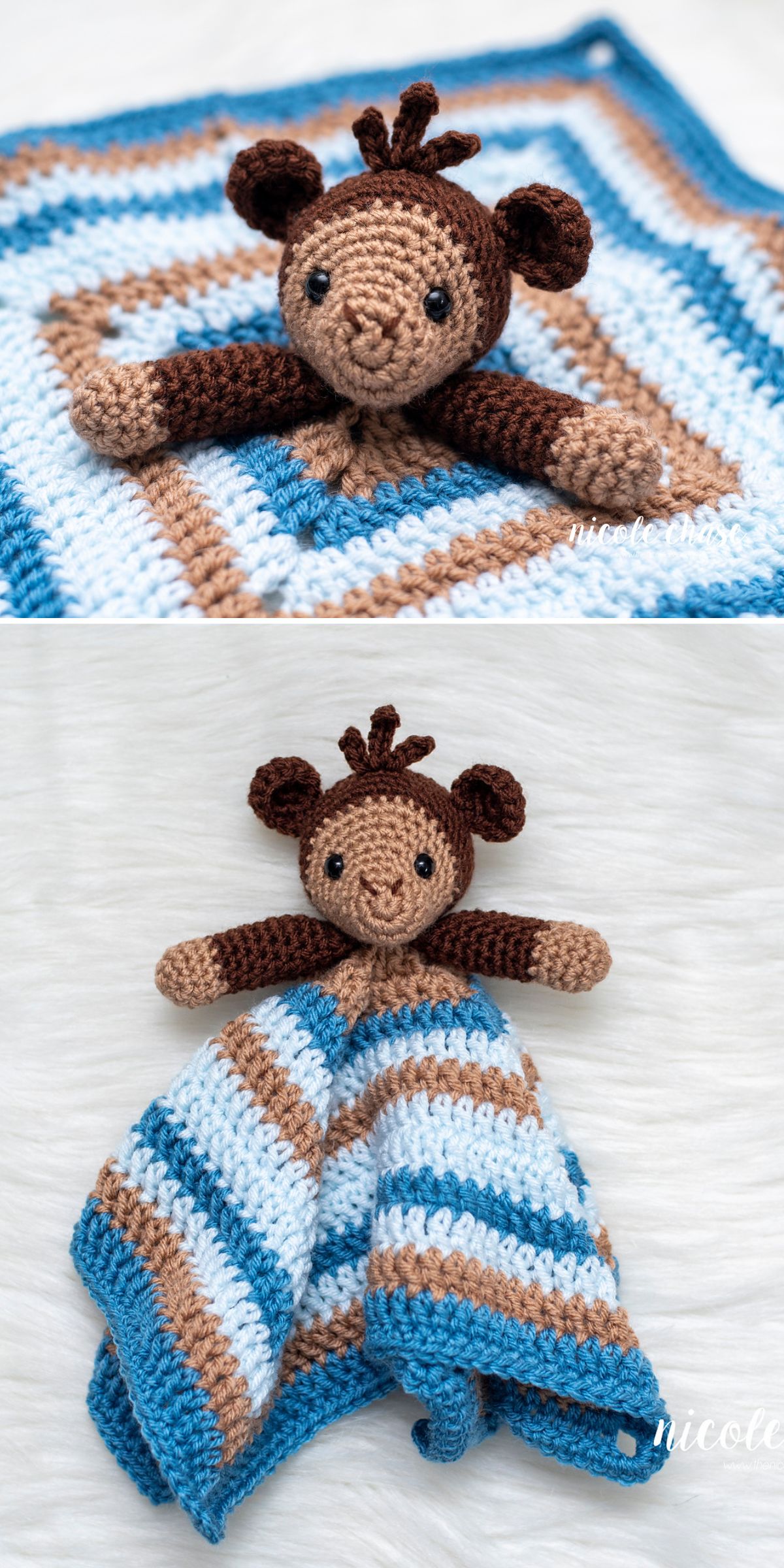 Crochet loveys monkey featuring a plush head and arms attached to a blue, brown, and white striped blanket, displayed on a white surface.