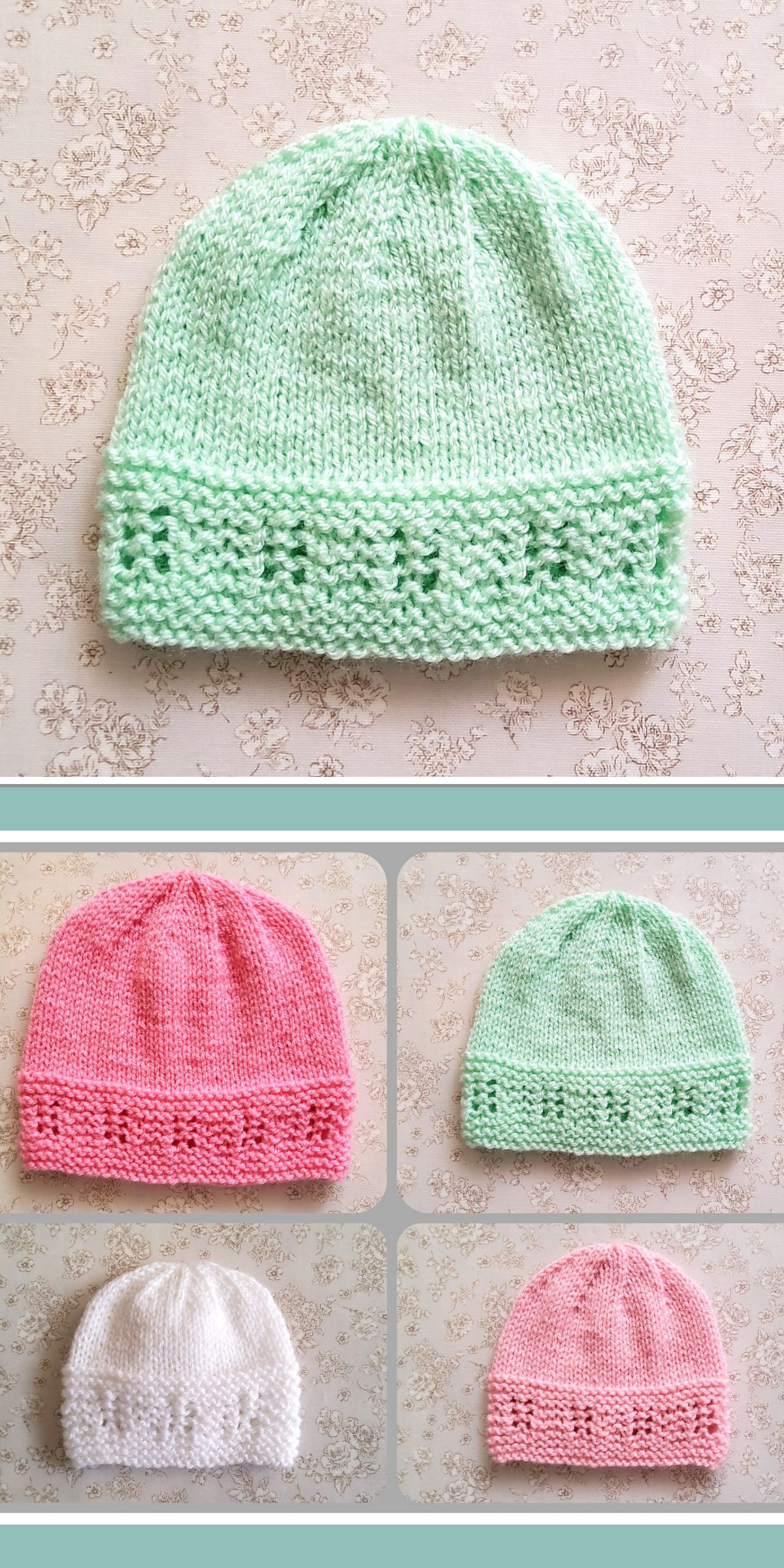 Four adorable knit baby hats in mint green, pink, and white are displayed individually and together on a patterned background.