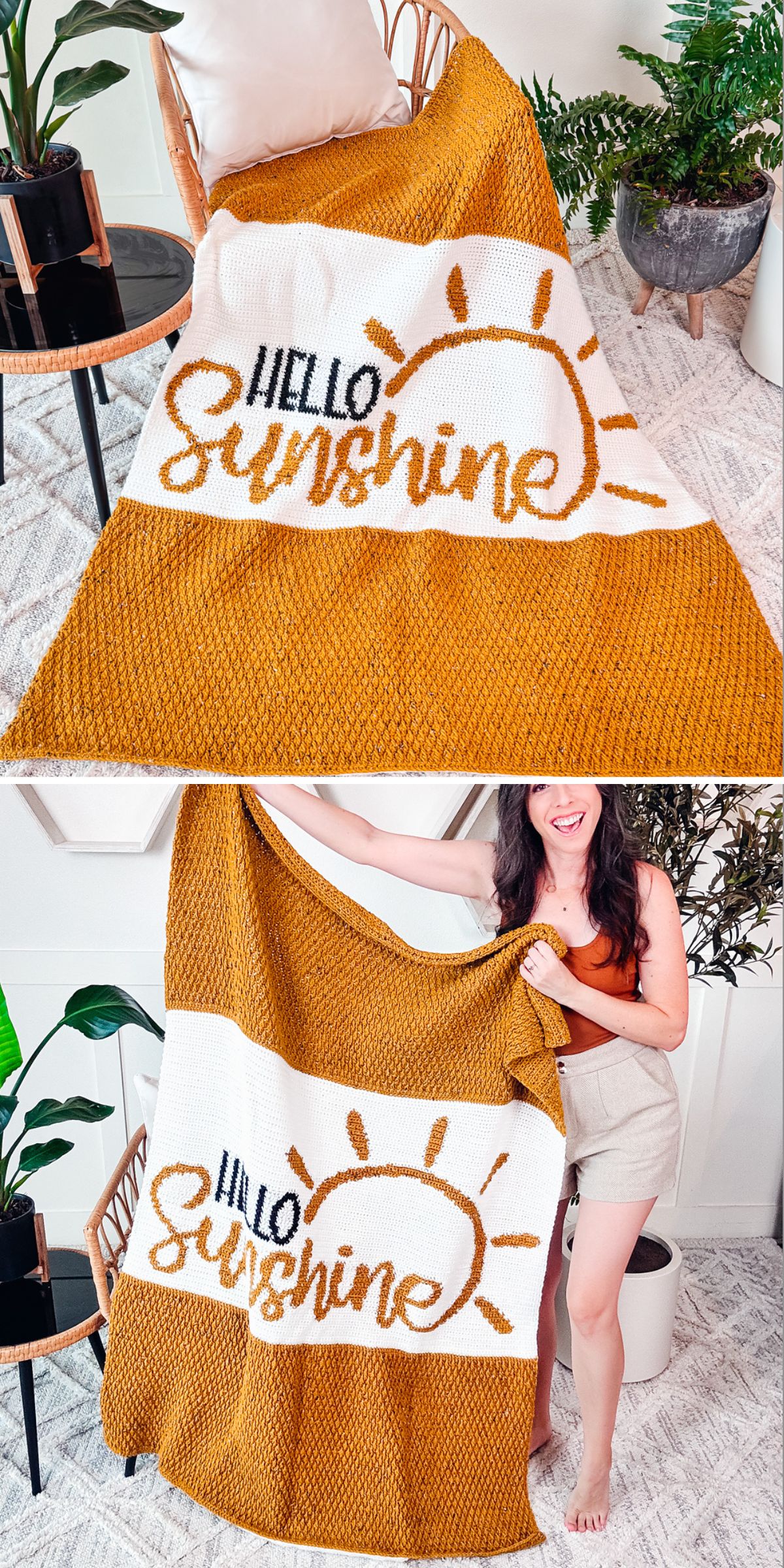 A mustard yellow and white knitted blanket with "Hello Sunshine" and a sun graphic, reminiscent of cozy crochet throws, draped over a chair and held by a person in a living room with plants.