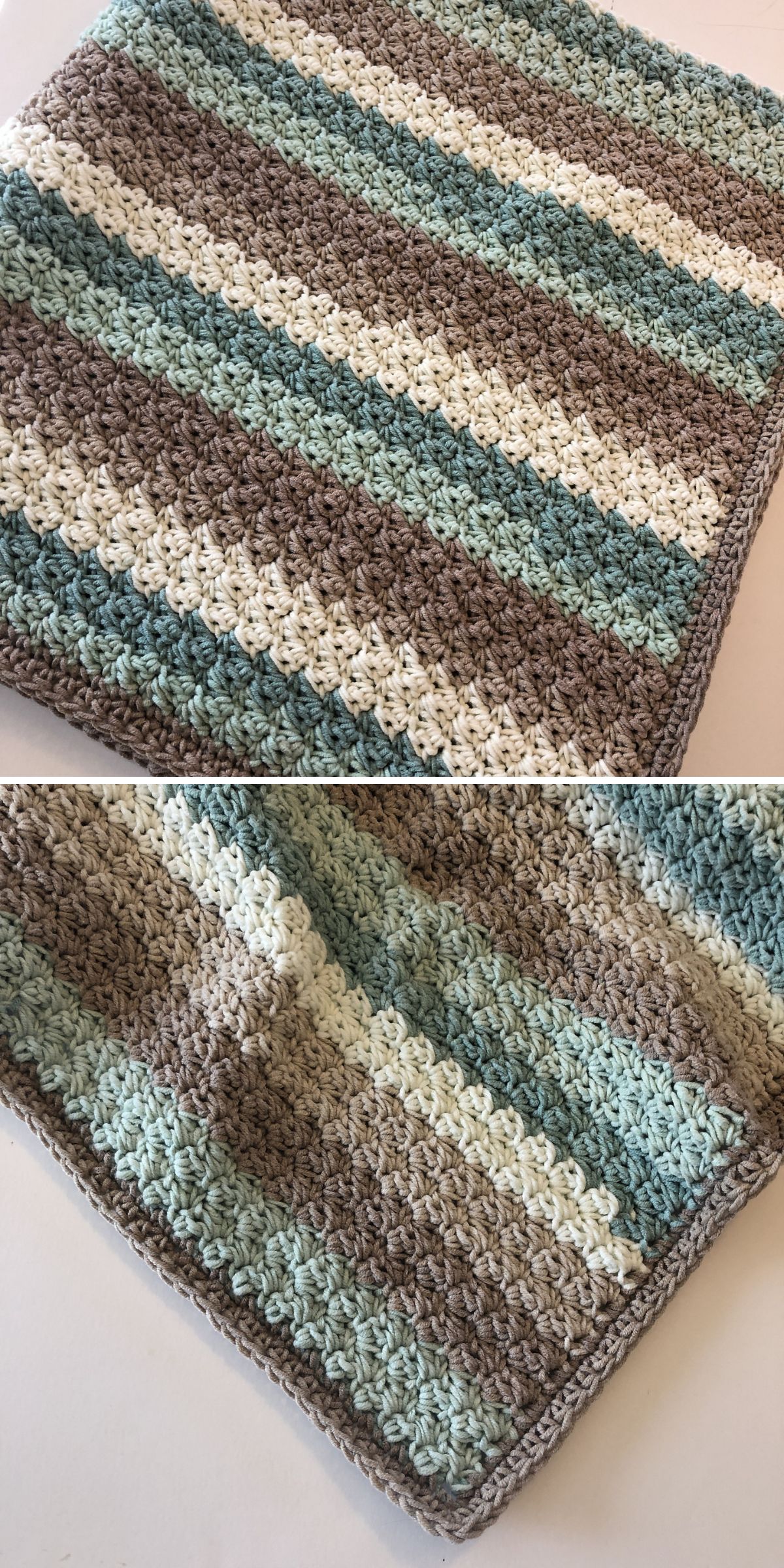 A crocheted blanket with horizontal stripes in light blue, beige, brown, and white yarn, shown folded and laid flat on a white surface—perfect for those who love cozy crochet throws.
