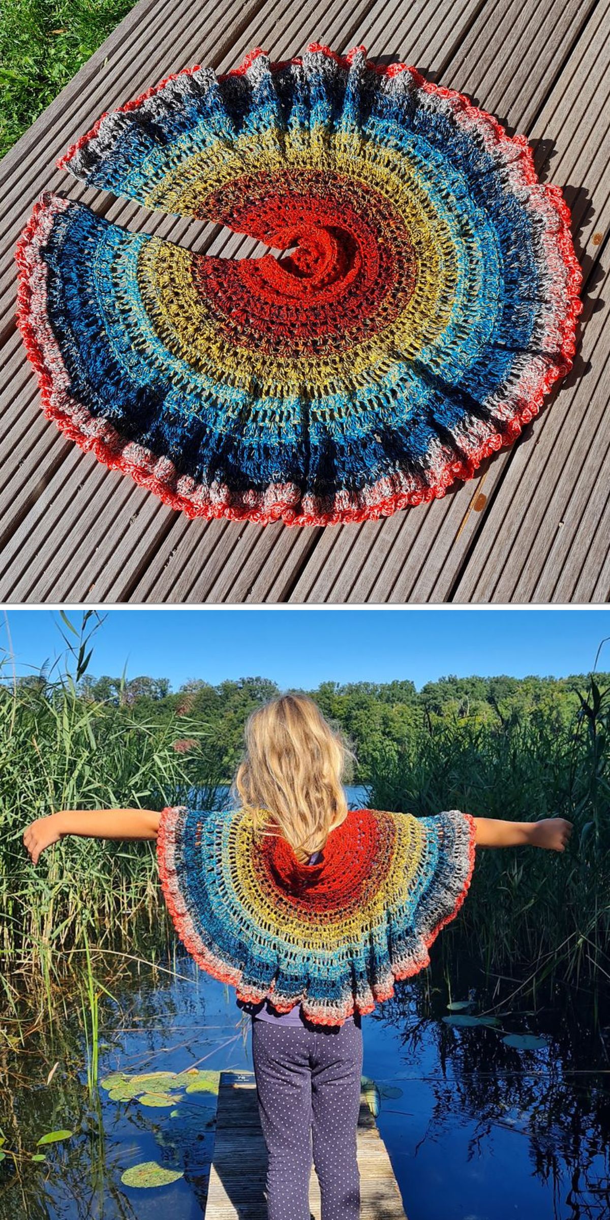 A circular, multicolored crochet wrap is shown laid flat on a wooden surface and worn as a shawl by a person standing with arms outstretched near water and greenery.