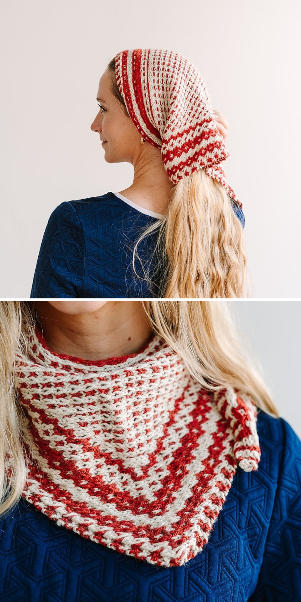 A woman with long blonde hair wears a red and white knitted triangular scarf styled as a headscarf and neckerchief, paired with a blue textured top—perfect for fans of stylish knitted bandanas and kerchiefs.