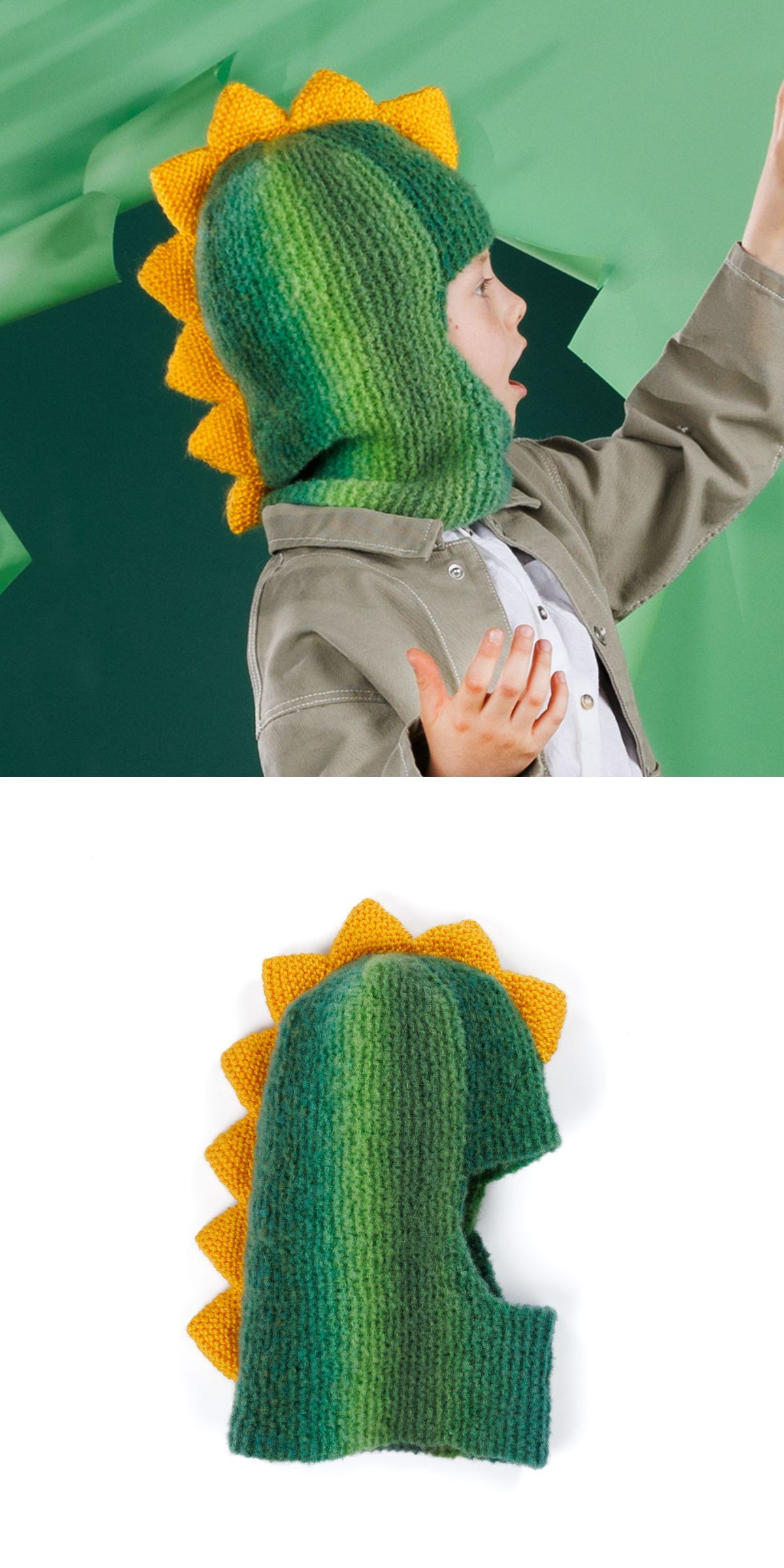 a child wearing a knit dino balaclava in green color
