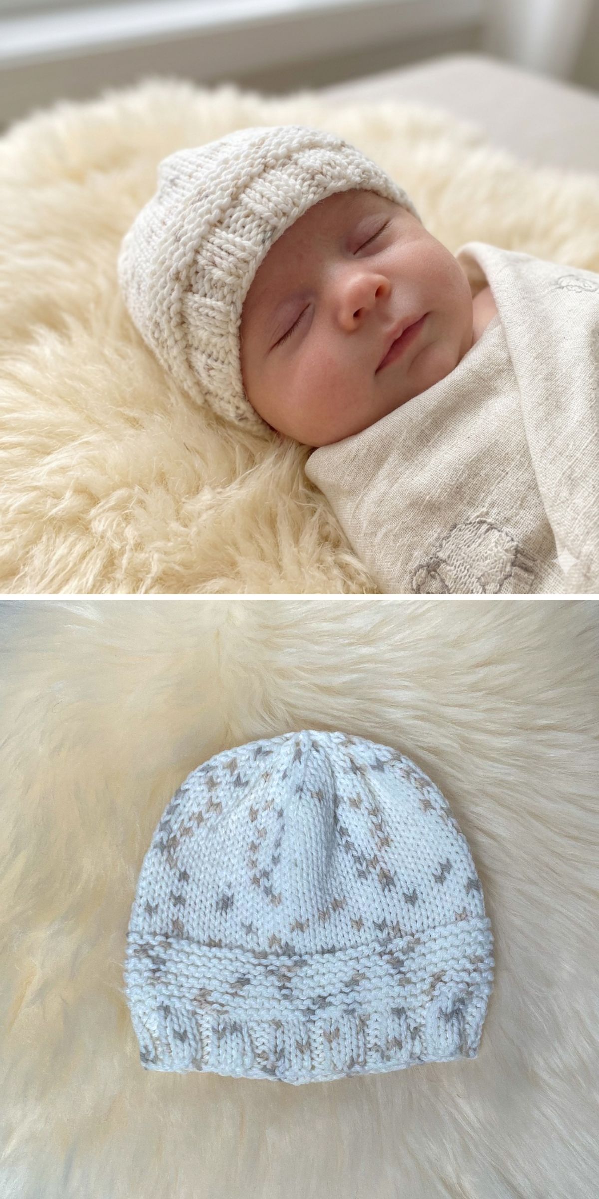 a newborn sleeping wrapped in a blanket and wearing a beige knitted baby hat