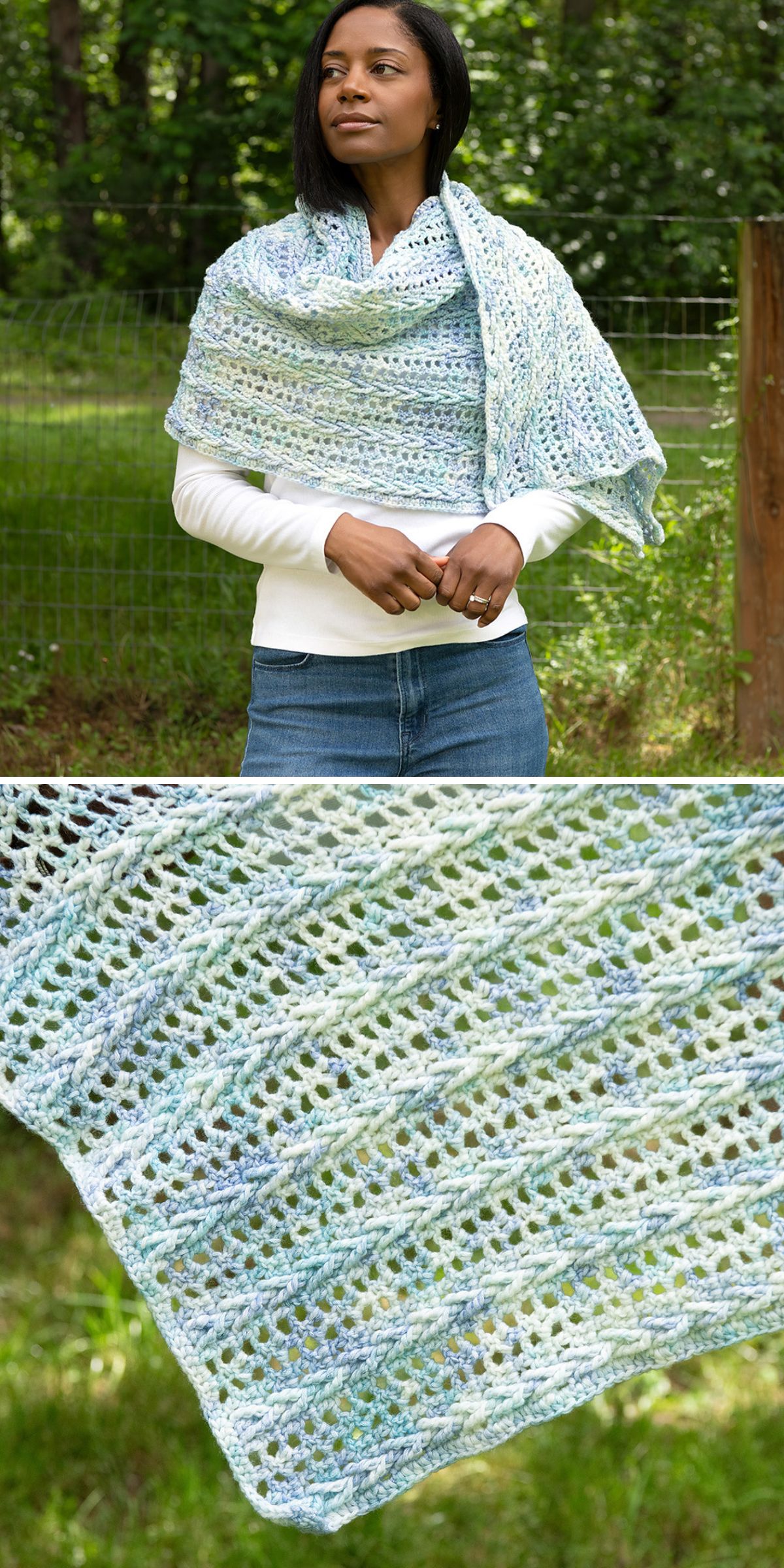 A woman stands outdoors wearing a light blue and white crochet wrap; a close-up highlights the shawl's lacy, textured pattern.