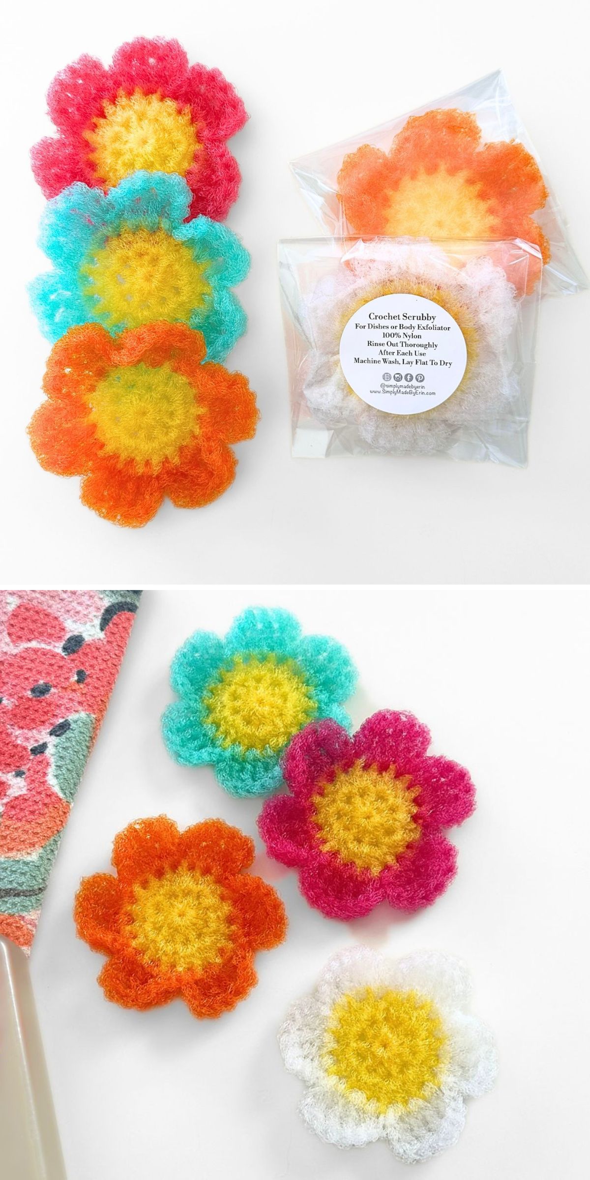 Four colorful crocheted flower scrubbies in orange, red, teal, and white are shown, perfect for a crochet spa experience. Also pictured is a packaged set labeled “Crochet Scrubbies.”.