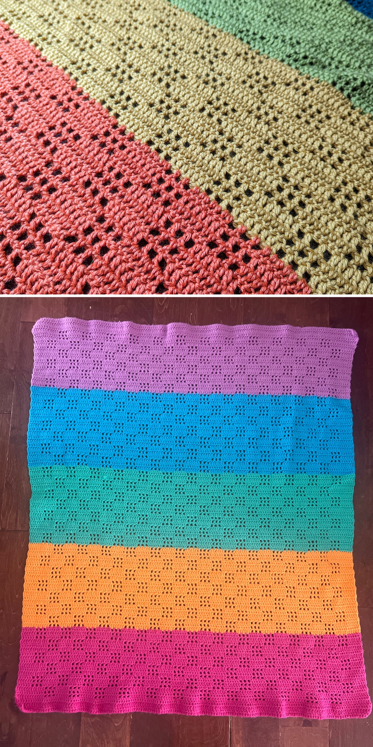 Crocheted blanket with horizontal stripes in pink, purple, blue, green, yellow, orange, and red, featuring a repeating openwork filet crochet pattern.