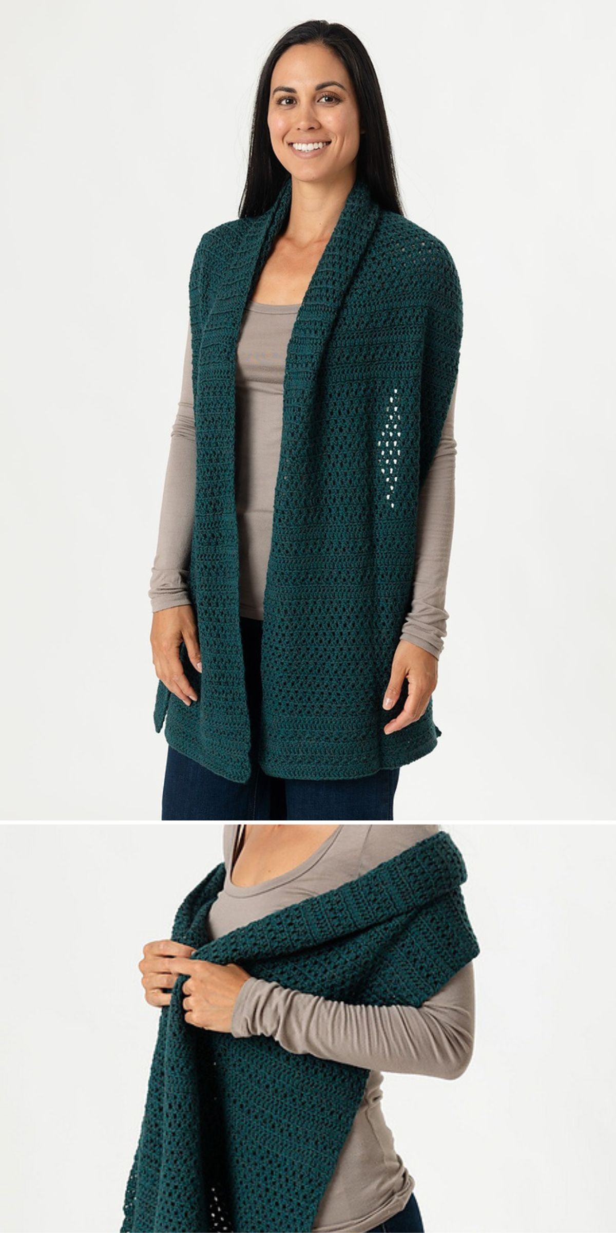 A woman wearing a teal, open-front crochet wrap vest over a taupe long-sleeve shirt; the second image highlights the vest's intricate crochet texture and flattering fit.