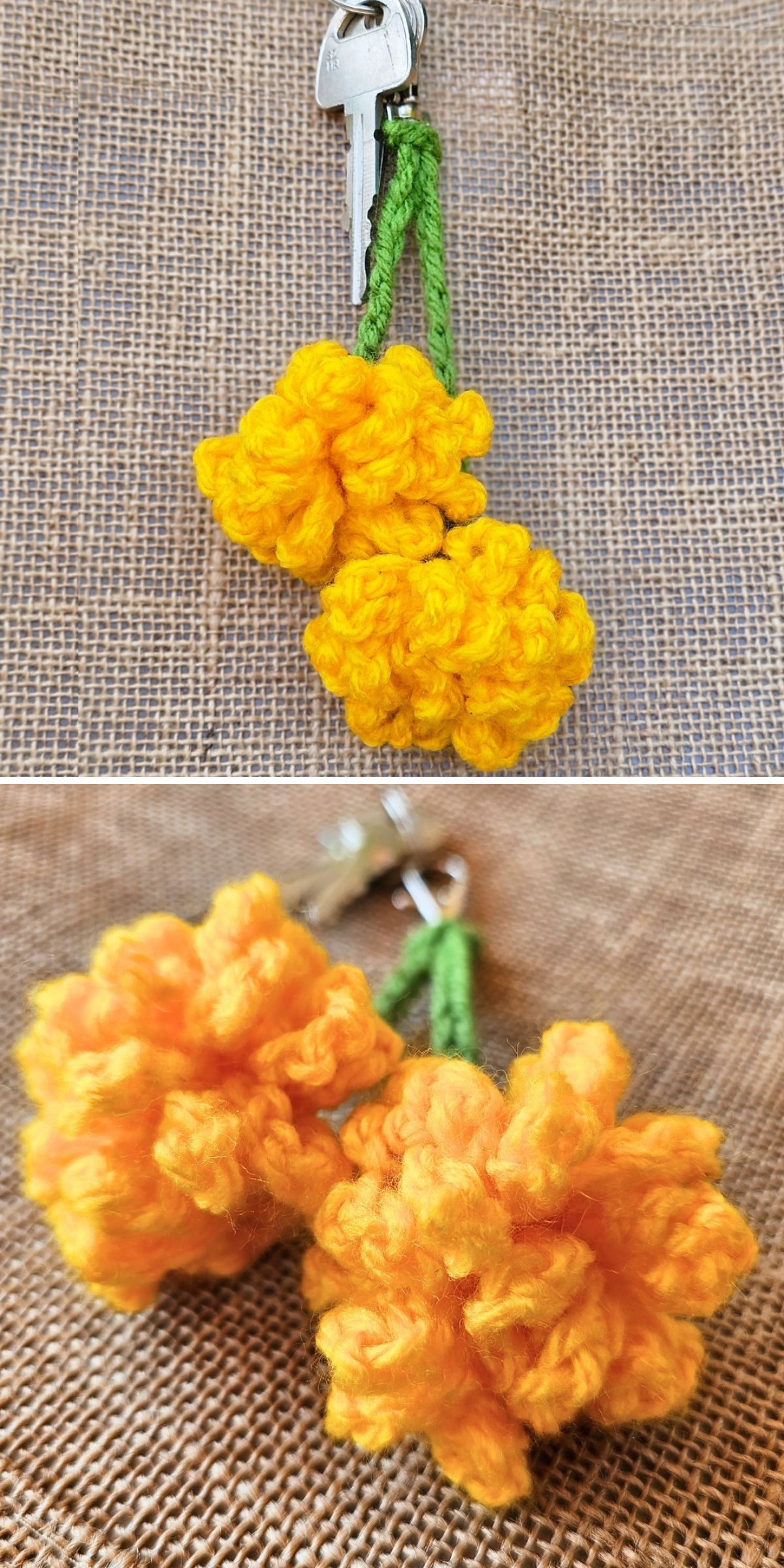 a crochet flower keychain with marigold flower