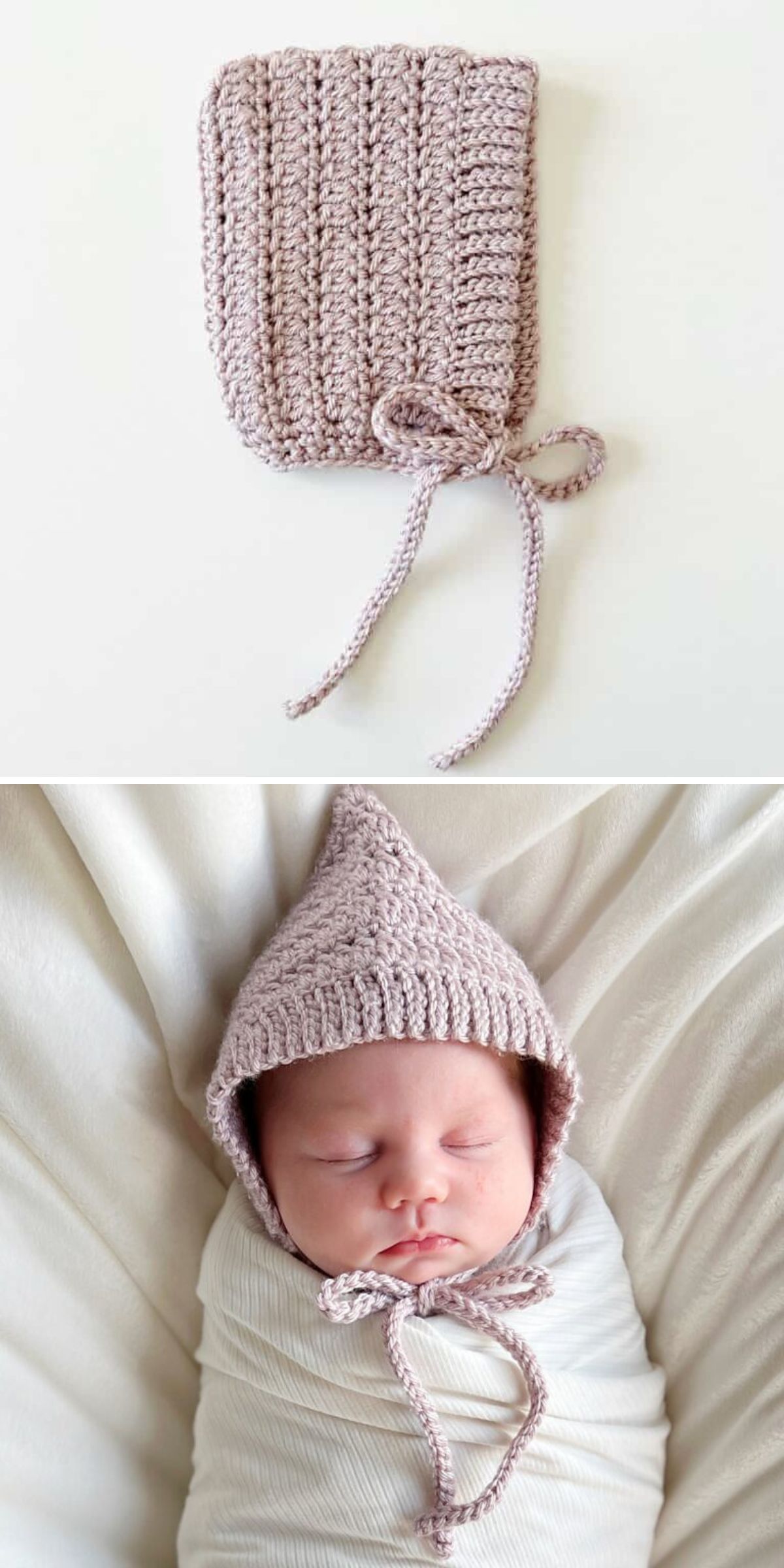 Delicate crochet baby bonnet in a pale blush pink shade, featuring textured cluster stitches, a pointed crown, and tie closures, shown flat and worn by a sleeping newborn.
