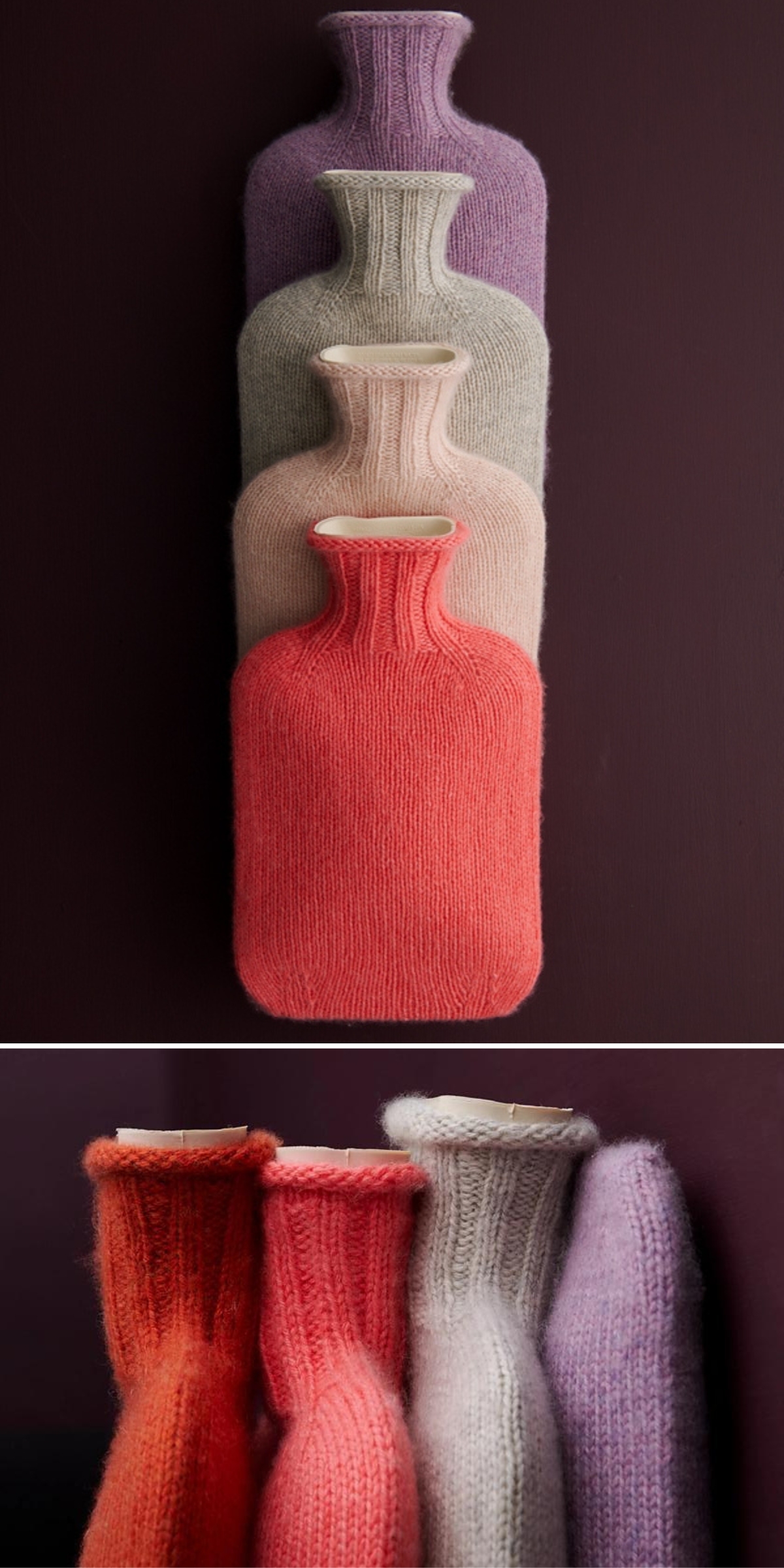Four hot water bottles in knit covers — red, pink, grey, and purple — are stacked vertically and shown again upright from the side against a dark background, beautifully showcasing classic Water Bottle Cover Knitting Patterns.