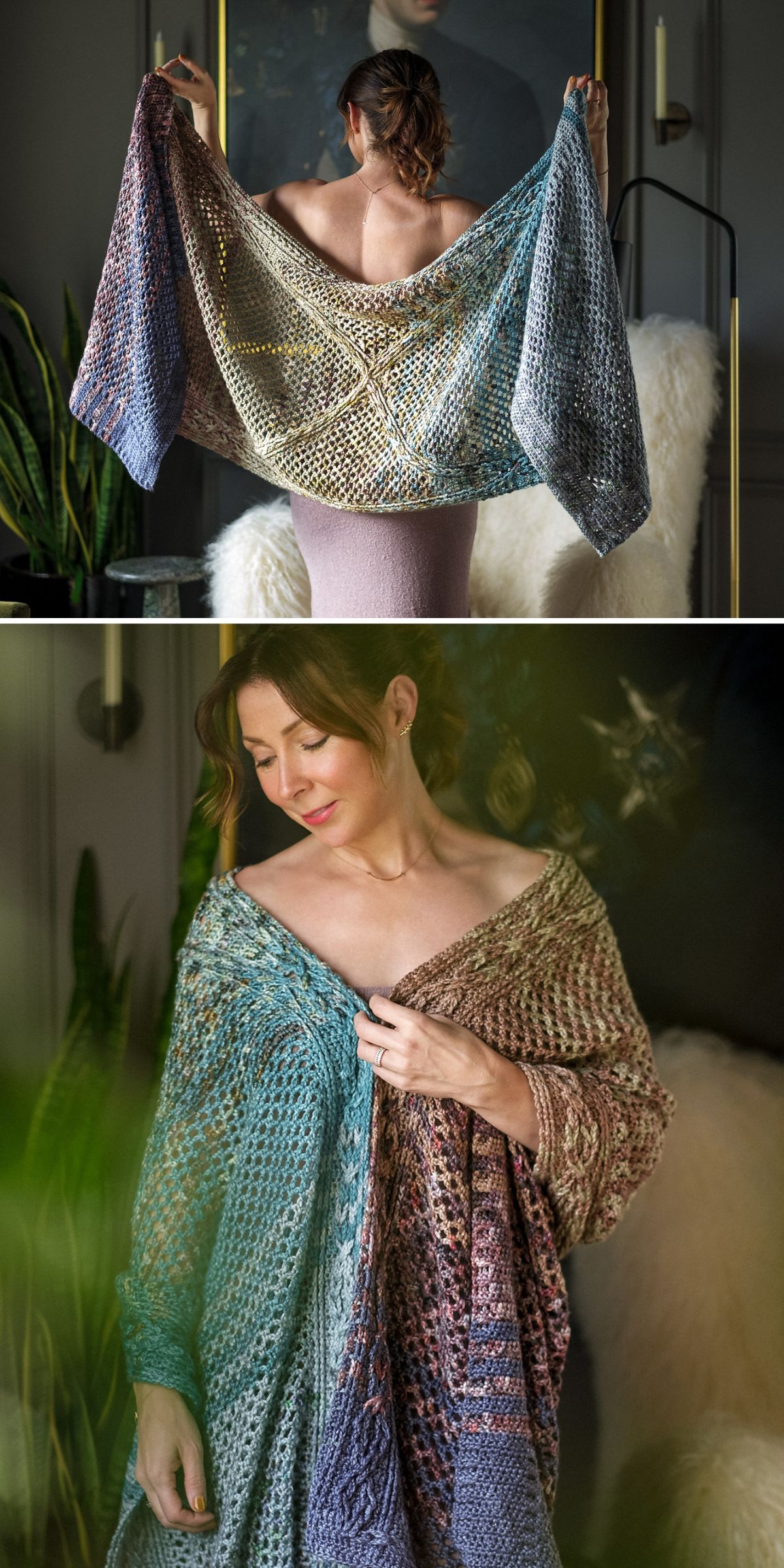 Woman modeling a lightweight crochet wrap shawl with openwork texture and soft gradient colors in blue, cream, and mauve.