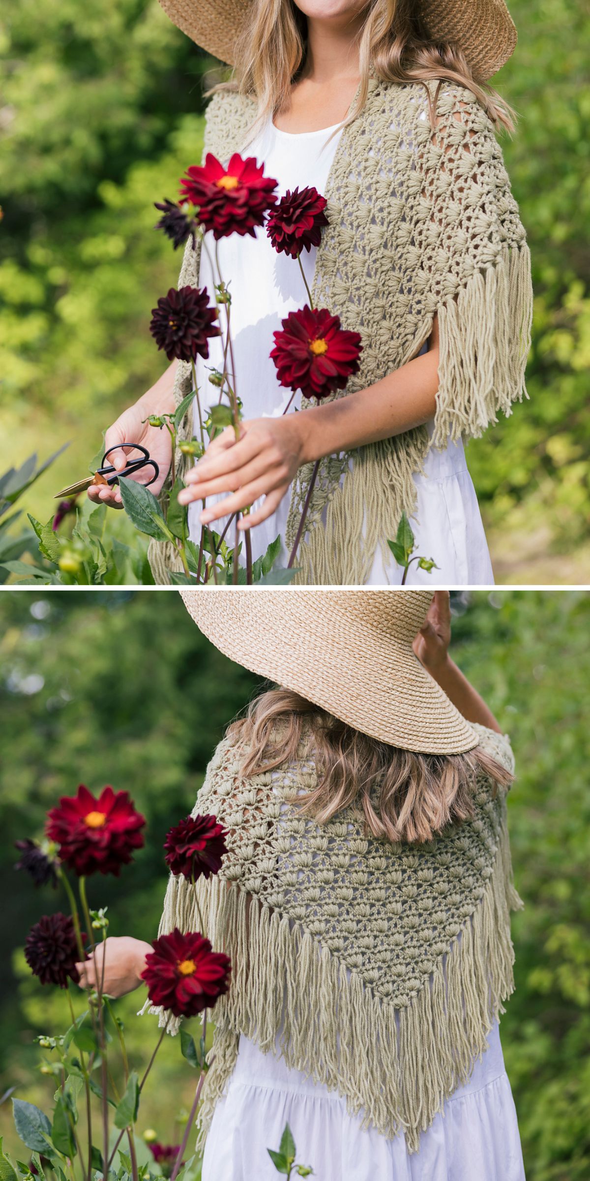 Fringed crochet triangle wrap in soft beige yarn, styled outdoors with a summer dress and wide-brim hat.
