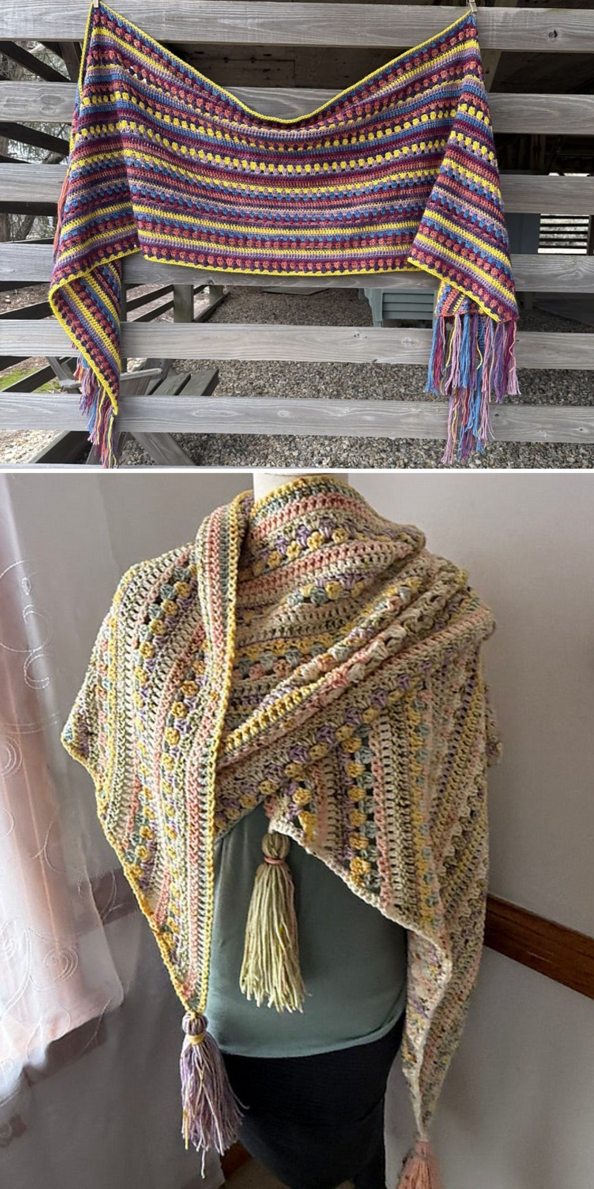 a colorful striped crochet wrap hung in the wooden fence and on a mannequin