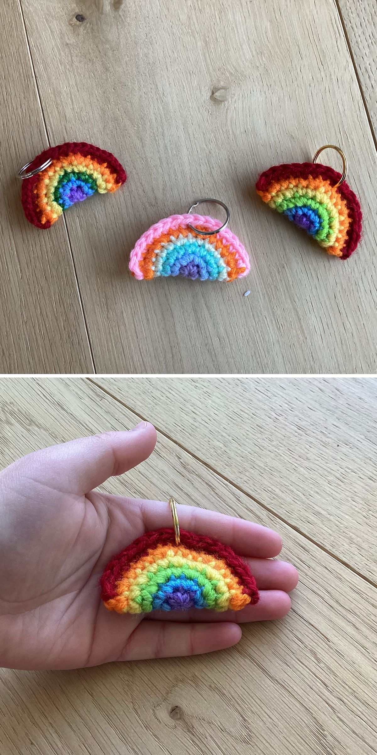three crochet rainbow keychains