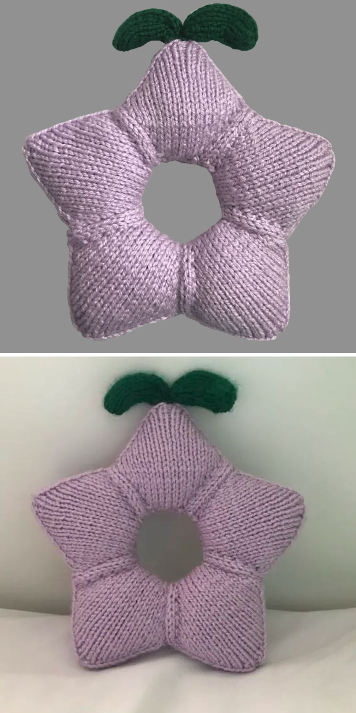 Two images show a knit pillow shaped like a purple star with a hole in the center and two green leaves on top, displayed against different backgrounds.
