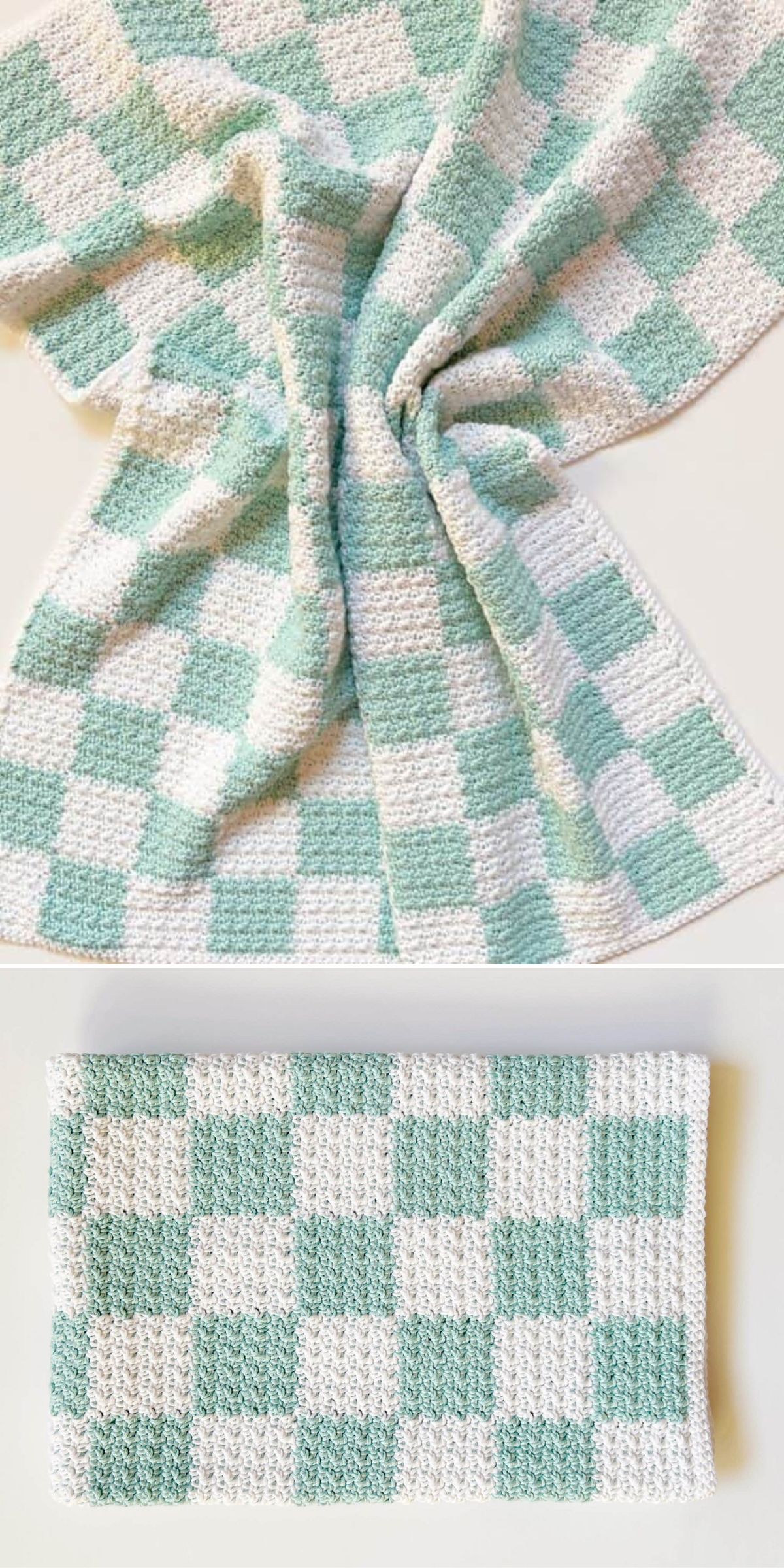 a crochet checkerboard baby blanket in green and white colors