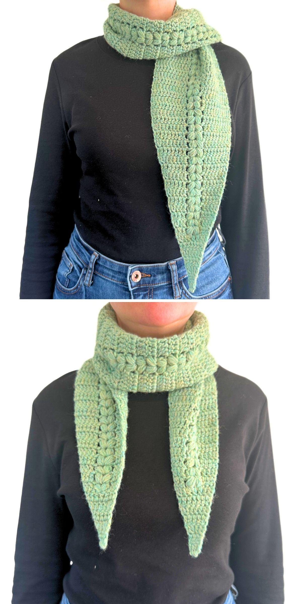 Sage green crochet scarf with textured puff-stitch detailing and tapered ends, modeled in two styling variations against a neutral background.