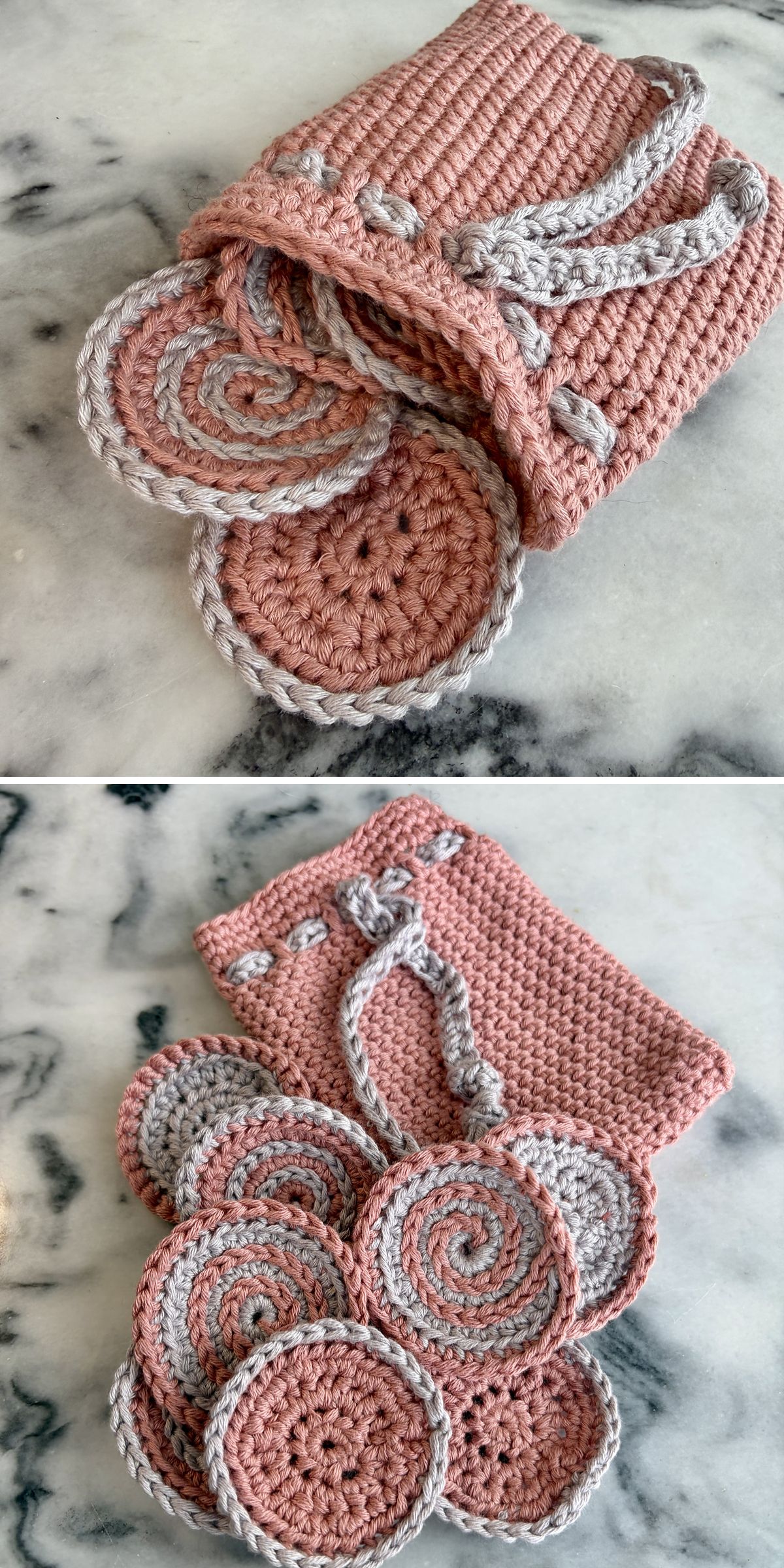 a crochet SPA set that consists of round scrubbies and a crochet bag for them