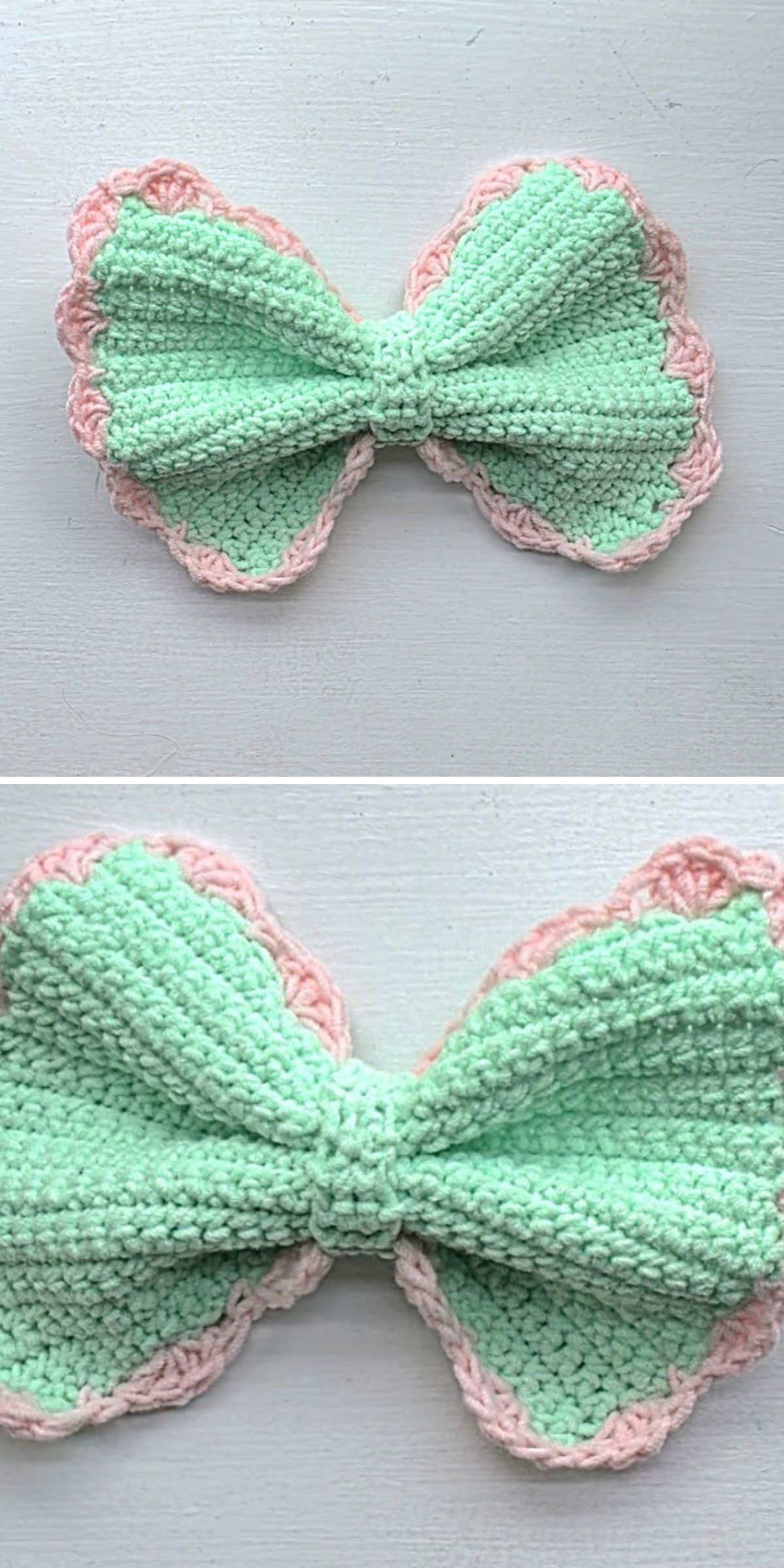 Oversized crochet bow in mint green chenille yarn with a soft pink scalloped border, designed as a whimsical accessory for hair, gifts, or seasonal décor.