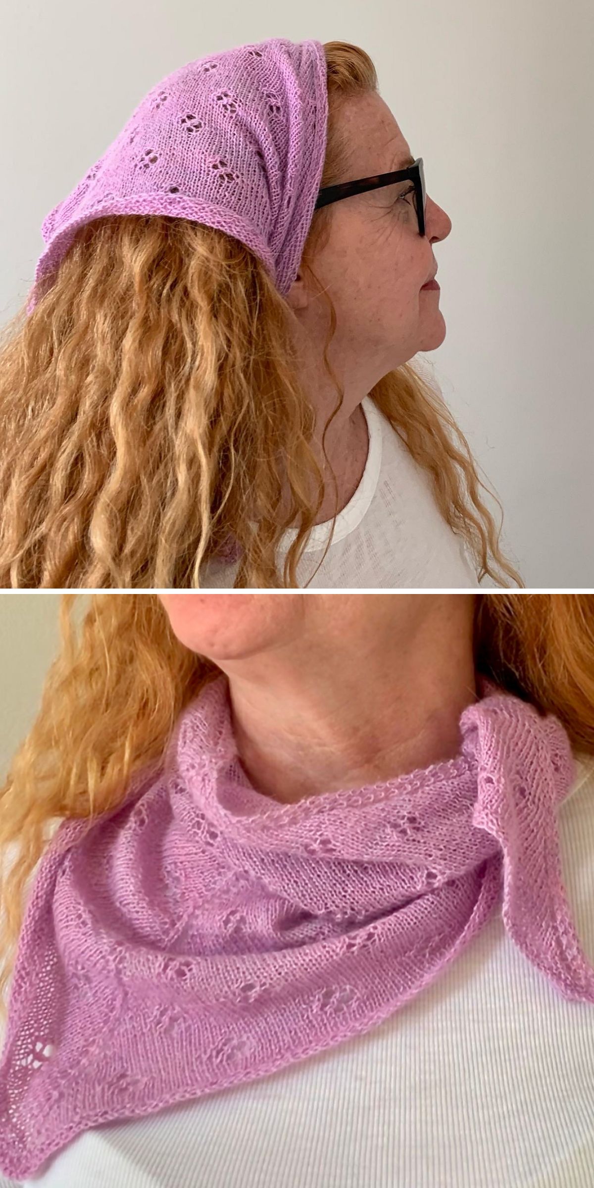 a woman with long light hair wearing a pink lacy knit bandana on her head and around her neck