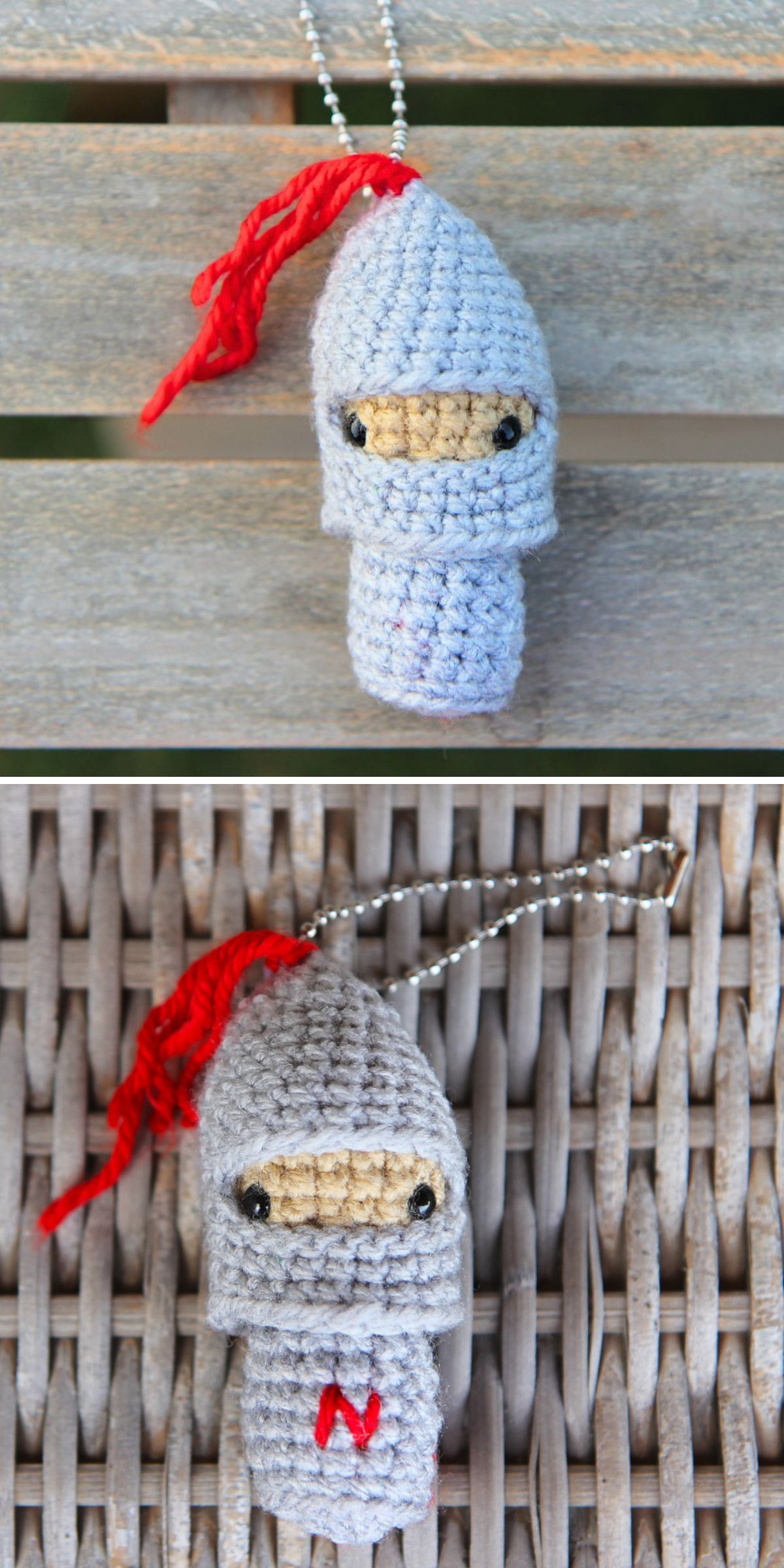 Crochet knight keychain with a gray helmet, red plume, and embroidered details, designed as a small amigurumi character accessory.