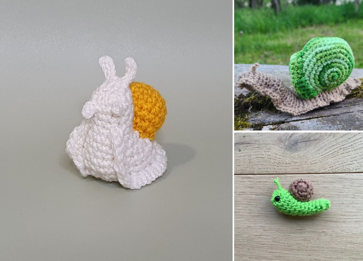 Three crochet snails: one white with a yellow shell, one green with a light brown shell outdoors, and a small green crochet snail with a brown shell resting on wood.