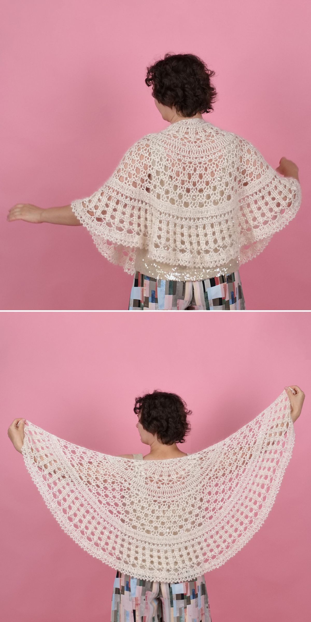 Person standing against a pink background, displaying a white, semi-circular crochet wrap with intricate patterns, shown from the back with arms outstretched in two positions.