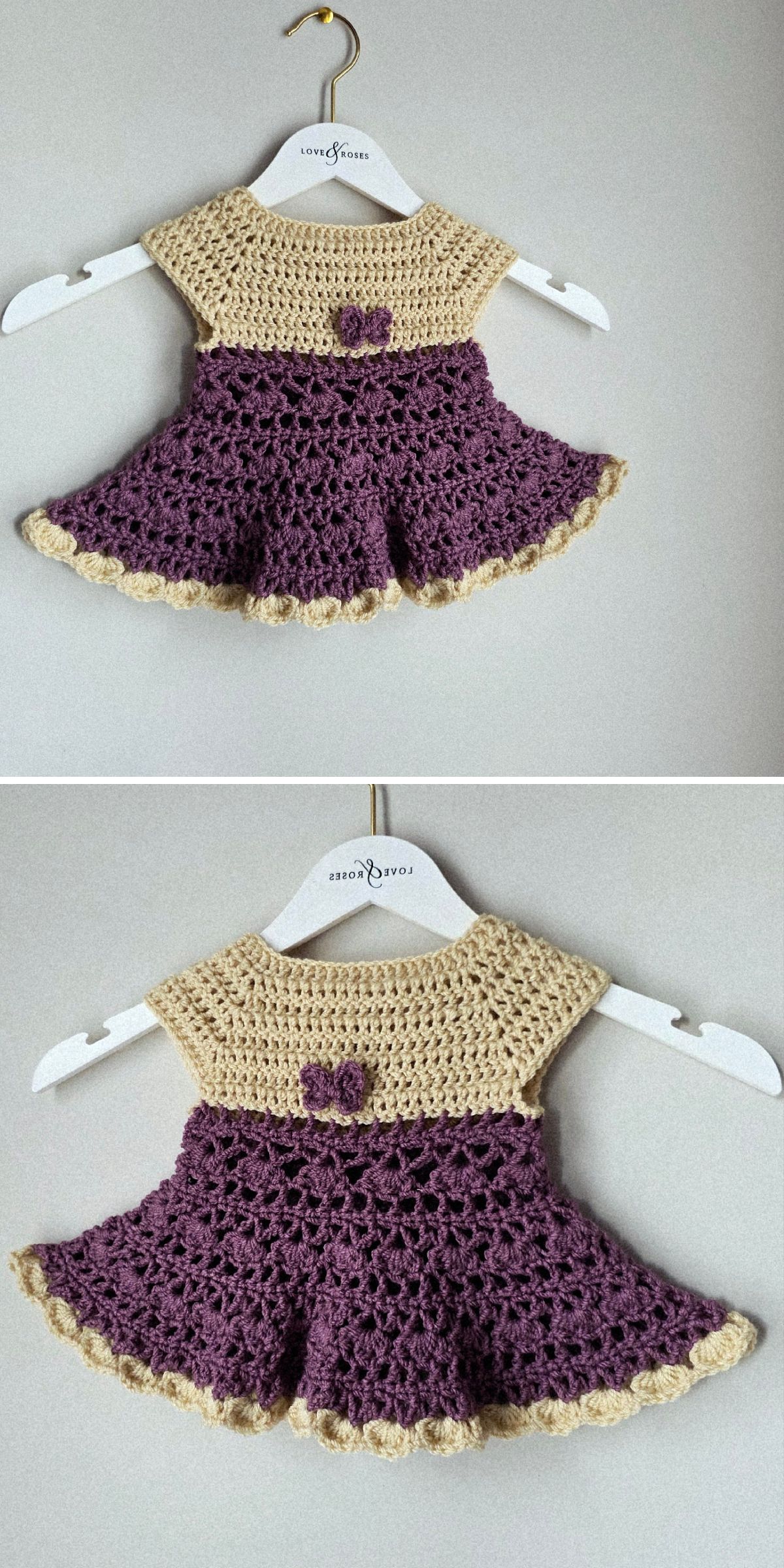 Two images show a handmade crochet dress for babies, featuring a beige top and purple skirt, displayed on a white hanger against a plain background.