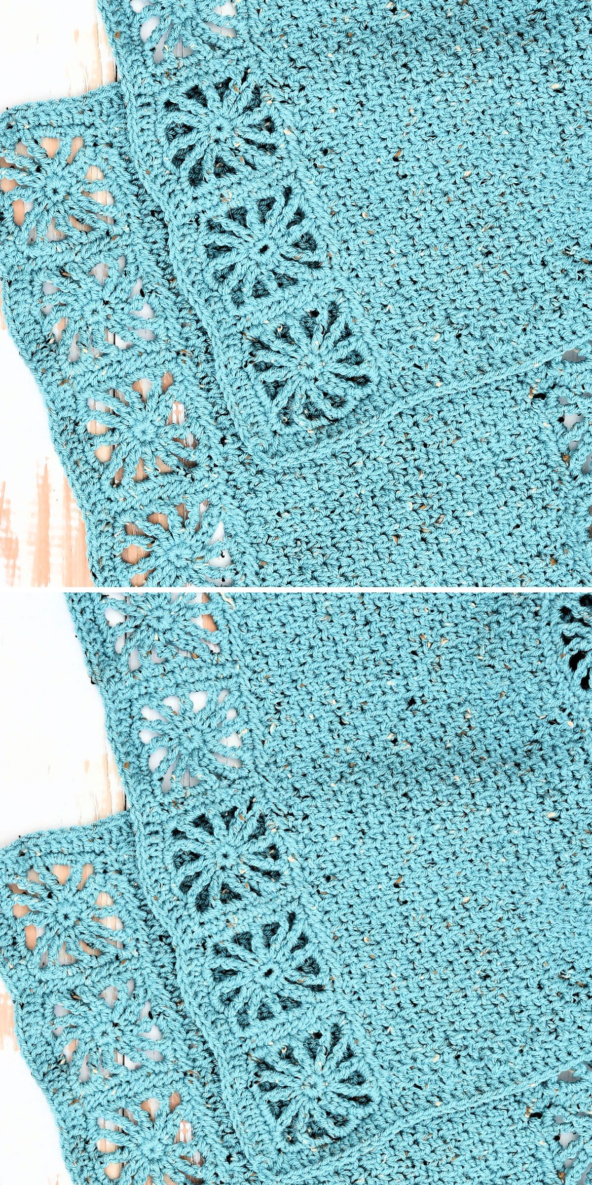 Close-up of a blue crochet wrap with a textured pattern and an intricate lacy border, shown from two slightly different angles.