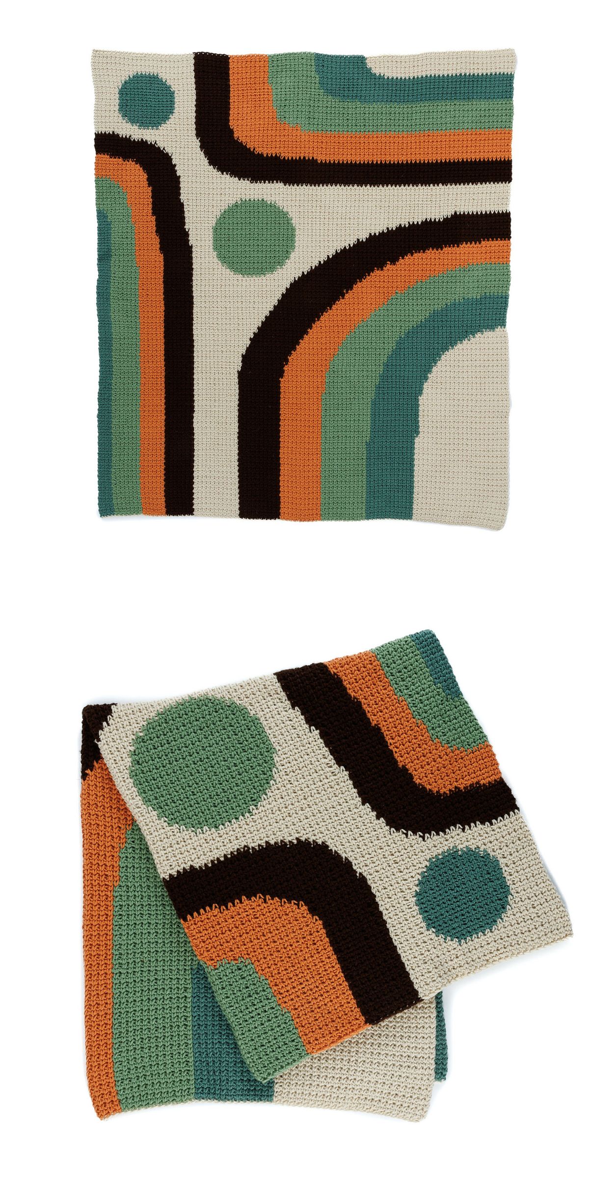 Two knitted fabric pieces with geometric patterns in green, orange, cream, black, and teal—featuring arcs and circles—are displayed flat and folded, offering a vibrant alternative to traditional crochet throws.