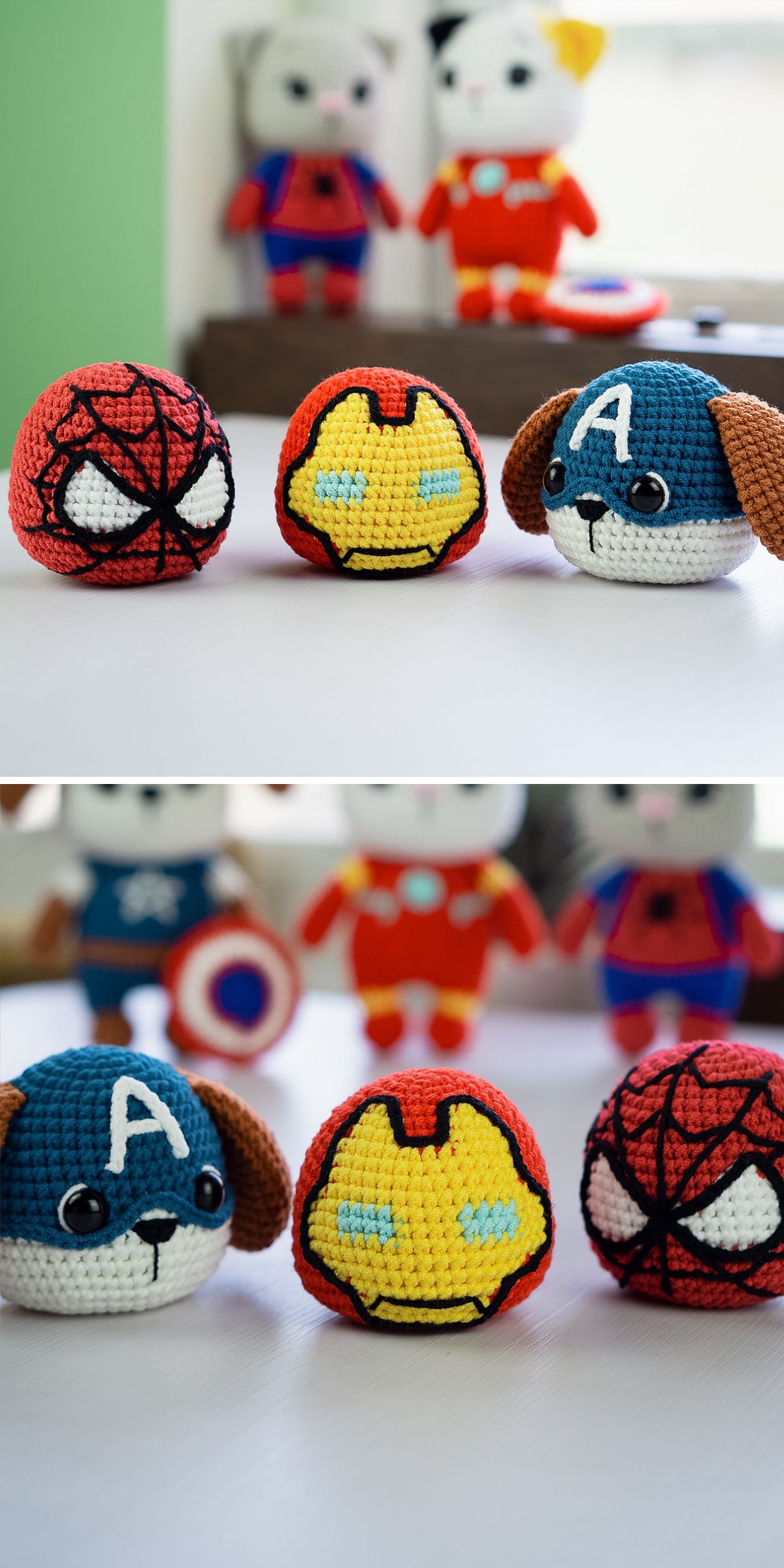 Three crocheted plush toys inspired by Spider-Man, Iron Man, and Captain America are displayed on a table, with more crochet keychain plush toys visible in the blurred background.