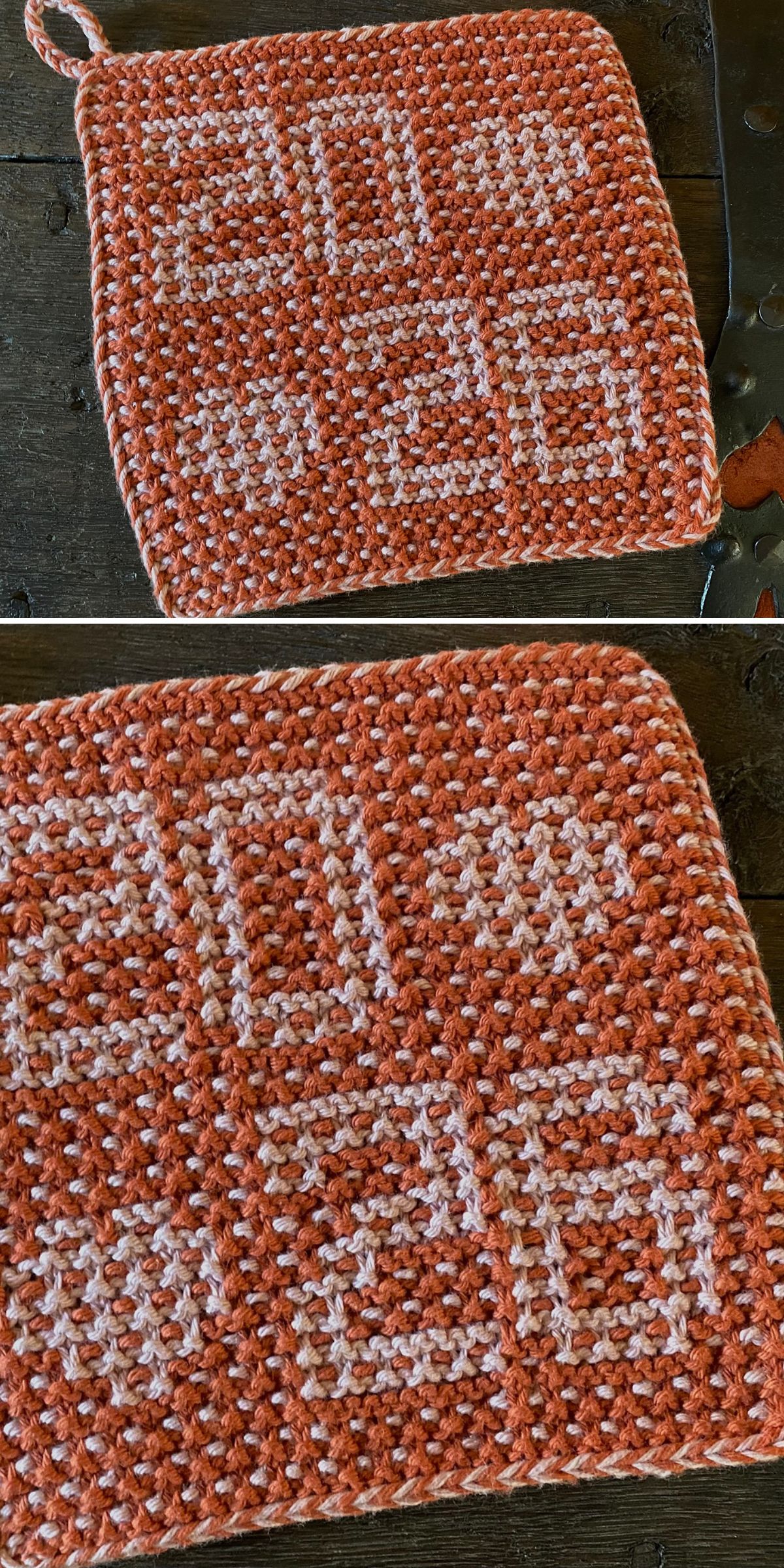 A knit square washcloth in orange and white yarn displays the numbers "20" on the top row and "26" on the bottom row.