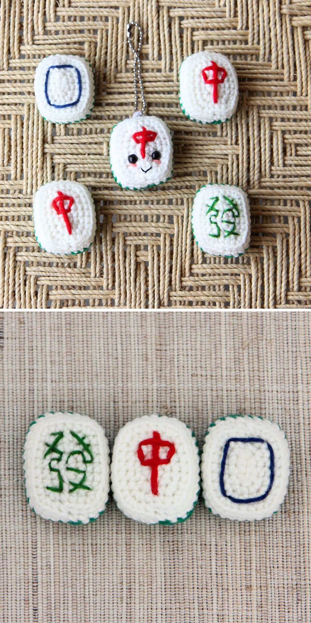 Five crocheted plush Mahjong tiles, including red, green, and blue symbols, are displayed on a woven mat; one features a crochet keychain and a smiling face. Close-up shows the vibrant red, green, and blue tiles.