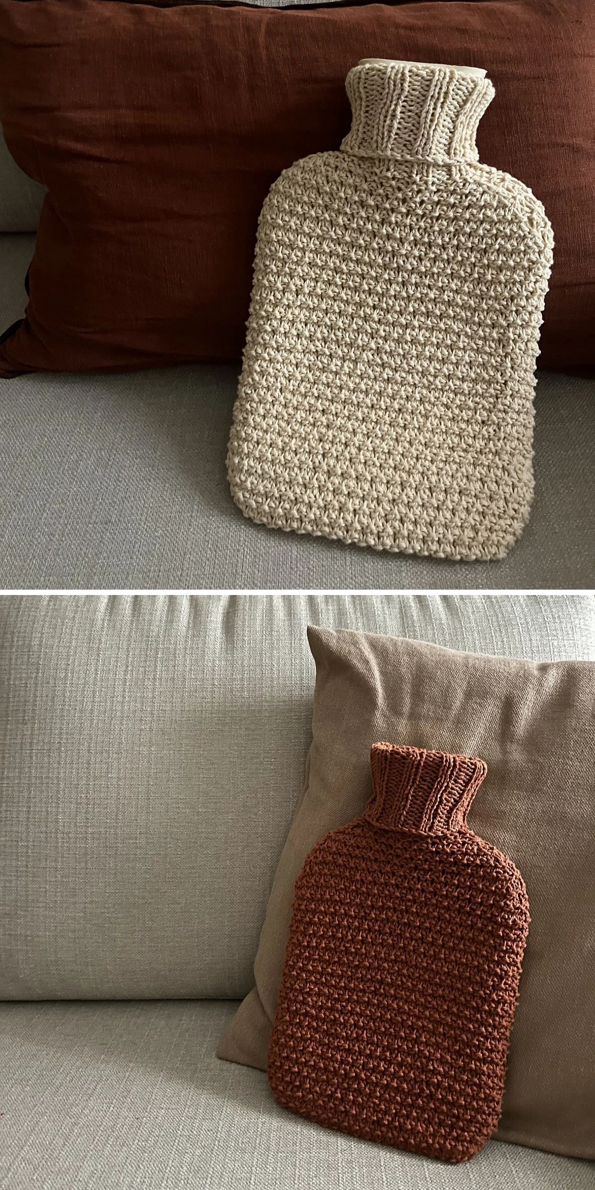Two photos showcase cozy examples of Water Bottle Cover Knitting Patterns: one features a beige knitted hot water bottle with a ribbed neck, resting on a brown pillow, while the other displays a rust-colored version with a ribbed neck atop a light beige pillow.