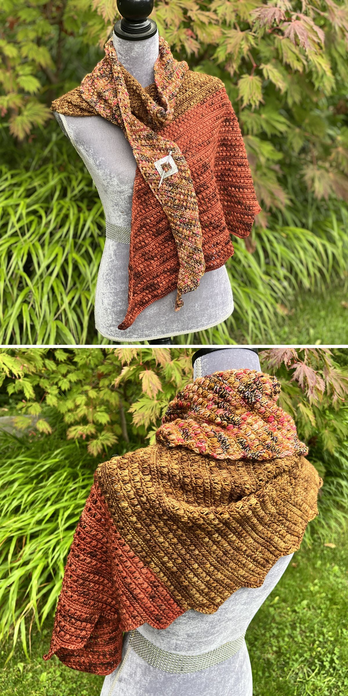 An asymmentrical crochet shawl in warm earth tones, styled as a crochet wrap, draped on a dress form and shown from the front and back, with leafy greenery in the background.