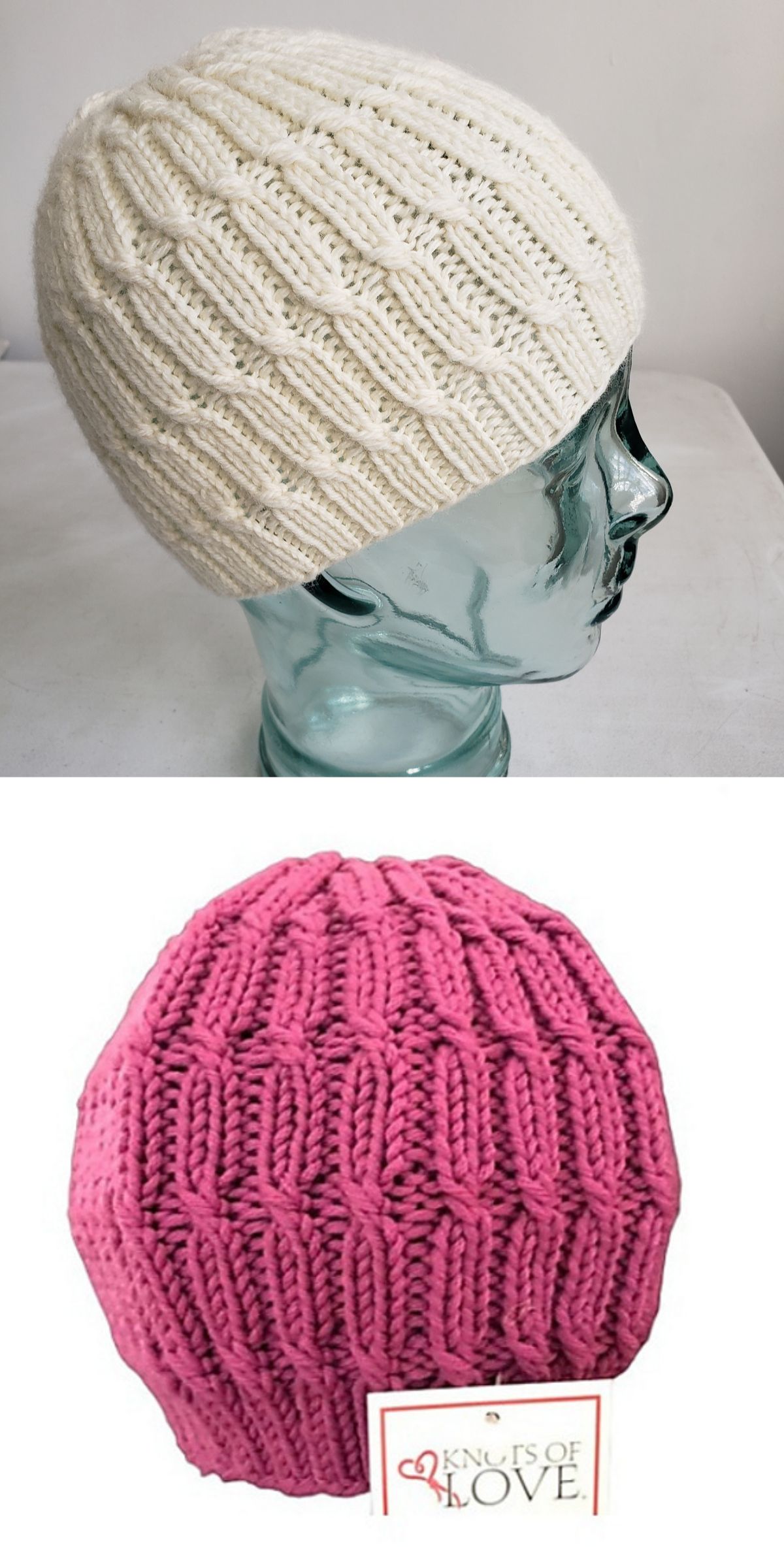 Two ribbed beanies — a cream one on a glass mannequin head and a pink "Knots of Love" knit baby hat — are displayed against a white background, highlighting their soft texture and charming design.