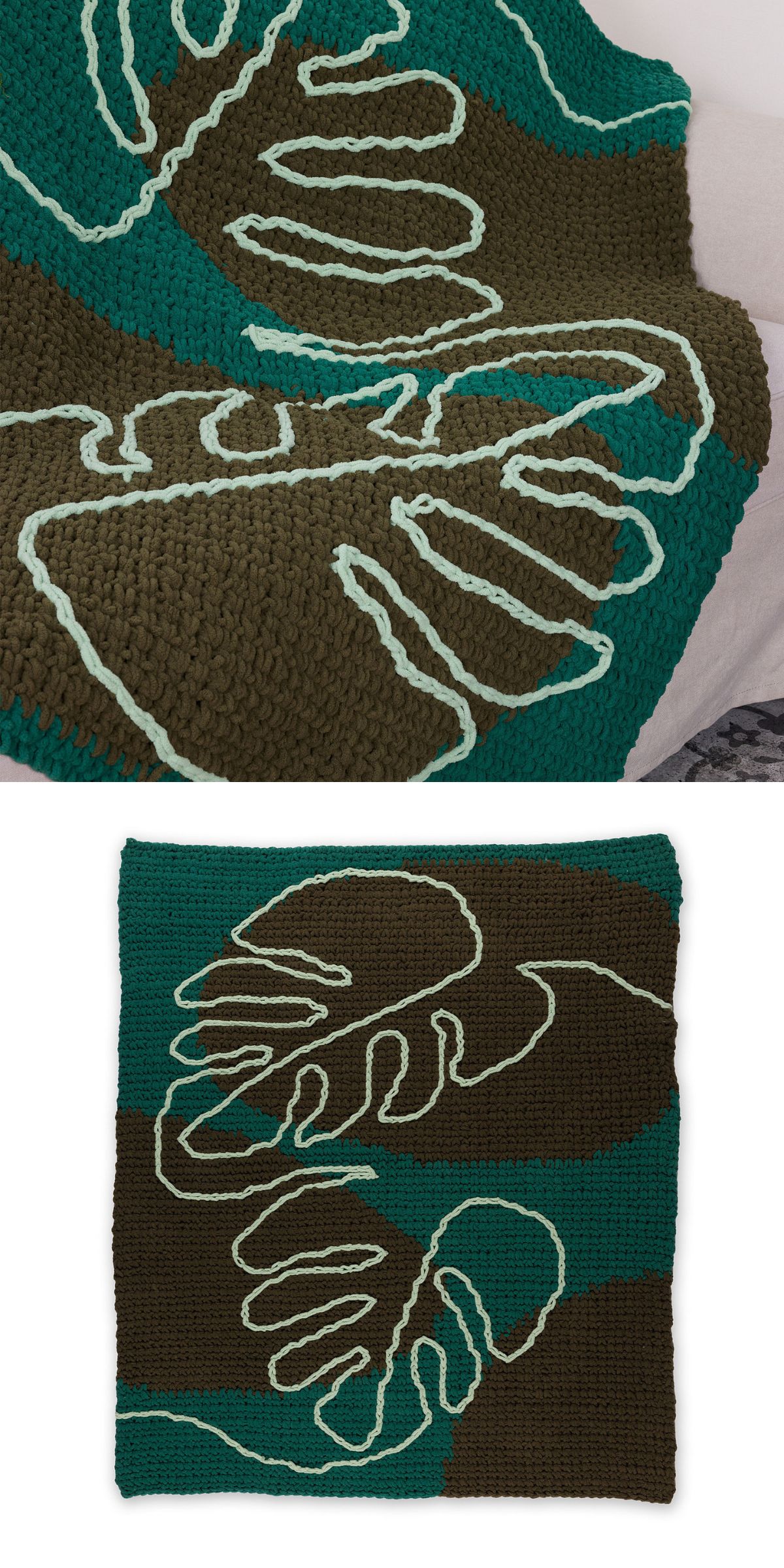 Large crochet blanket featuring abstract monstera leaf outlines in pale green over deep green and brown color-blocked sections, draped across a sofa and shown laid flat.