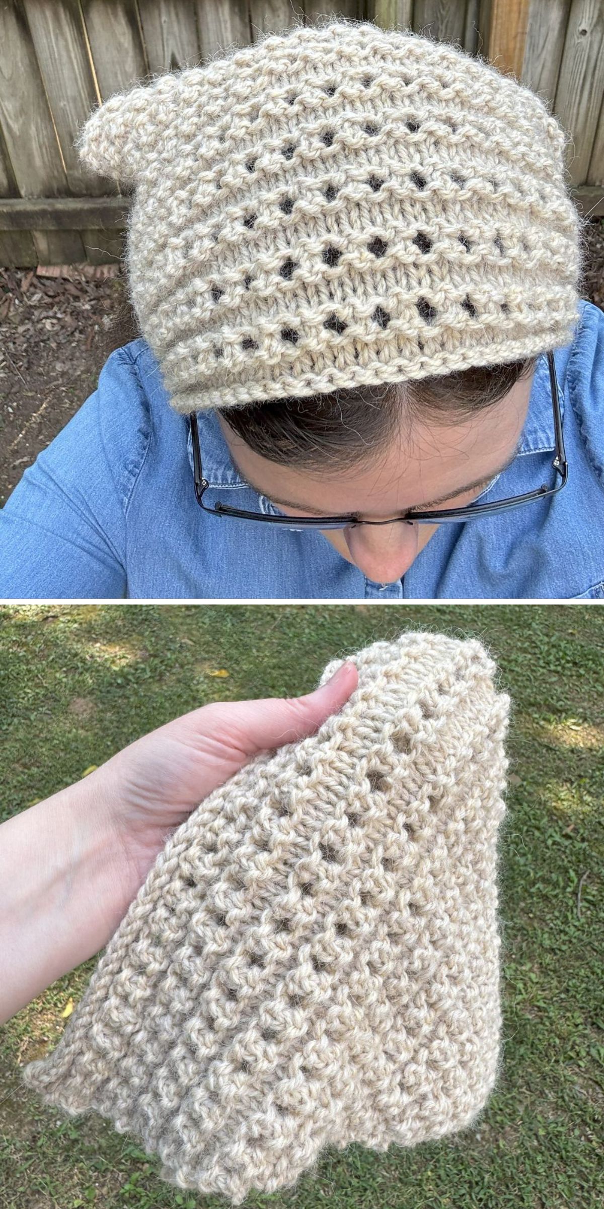 A person wears a beige, knitted bandana with pointed corners — reminiscent of Knitted Bandanas and Kerchiefs; a second image shows the bandana held in one hand outdoors.