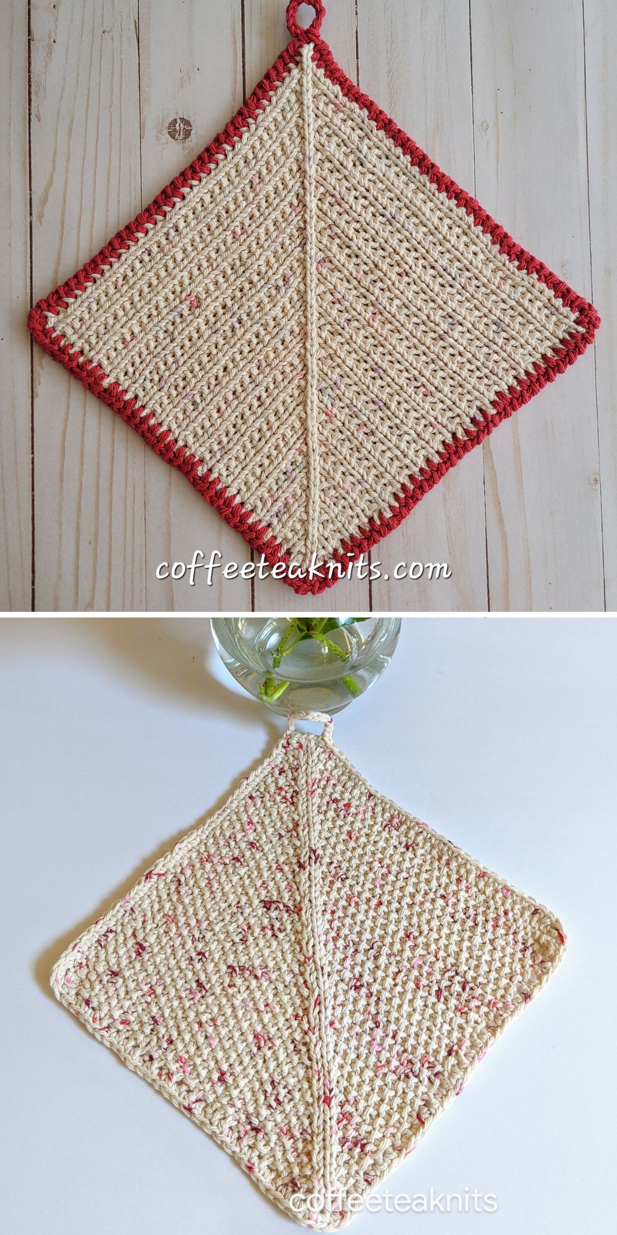 Two handmade knitted pot holders or knit washcloths with a diamond shape, cream yarn with speckles, and one edged in red, are displayed on wooden and white backgrounds.