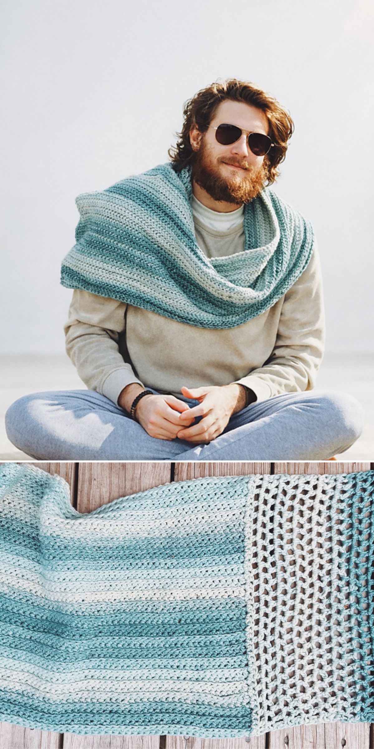 a man sitting on the ground wrapped in a turquoise-white striped crochet wrap