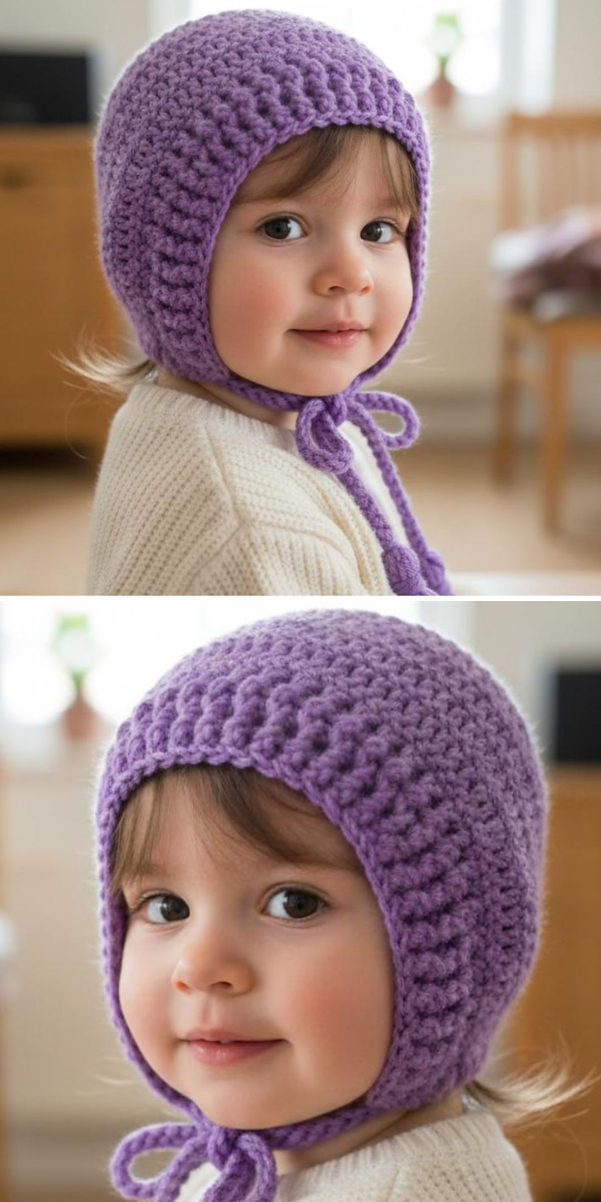 Cozy lavender crochet bonnet for toddlers with a textured stitch pattern and chin ties, modeled by a young child in a warm indoor setting.