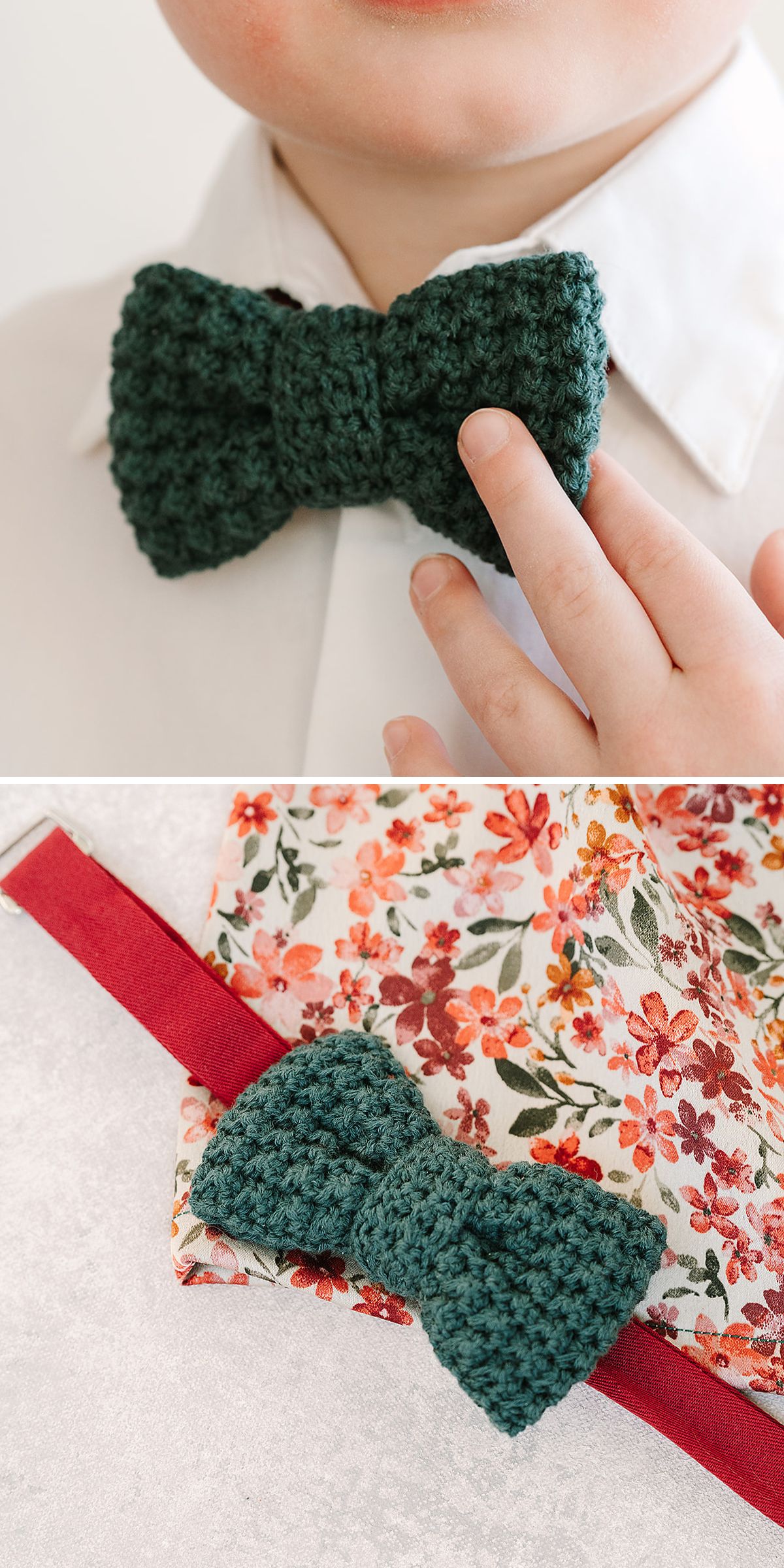 Handcrafted crochet bow tie in deep forest green, featuring a textured stitch pattern and adjustable strap, styled with a white dress shirt and floral pocket square.