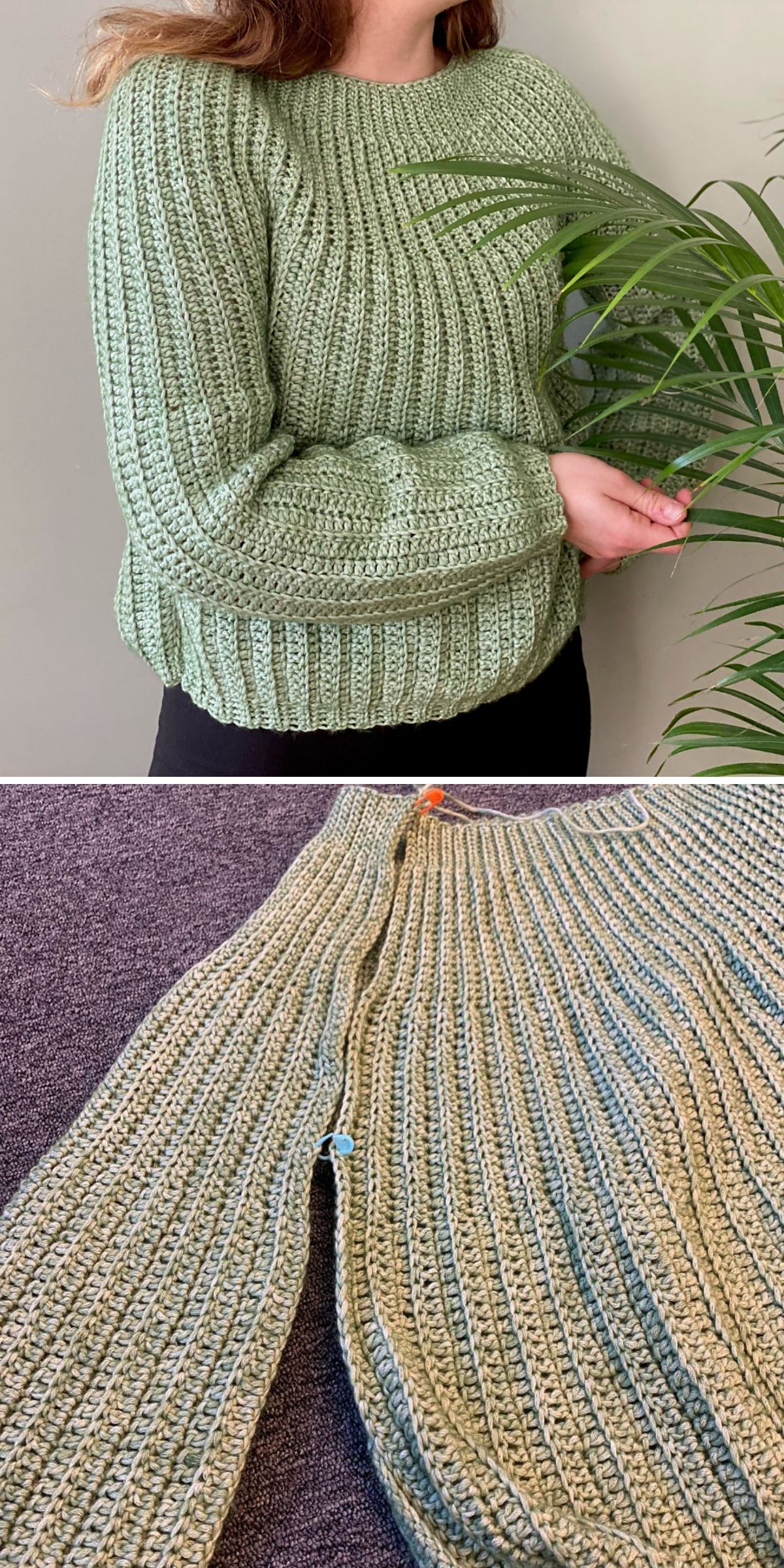 a woman in a green loose crochet jumper