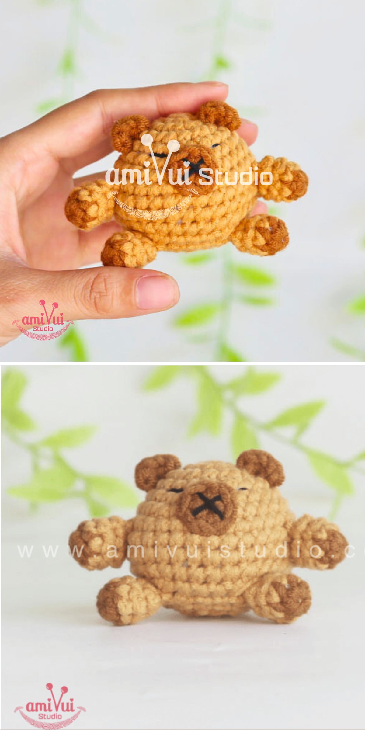 Two photos show a small, round, crocheted bear plush toy with short limbs and ears—one held in a hand, the other resting on a white surface—reminiscent of a crochet capybara in its soft, handmade charm.